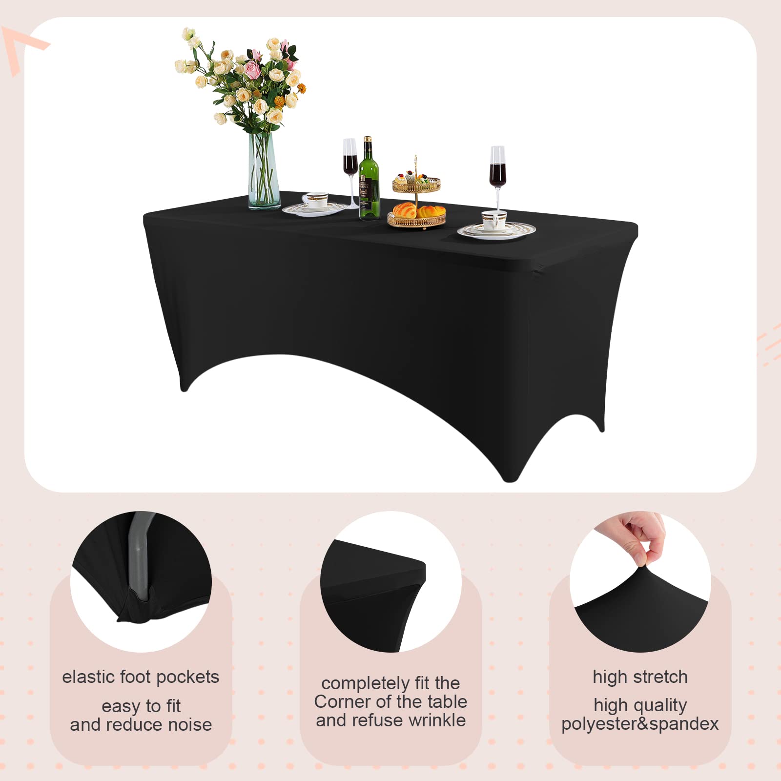 6 Pack Stretch Spandex Table Covers - Washable Polyester Fitted Tablecloths for Rectangle Tables (8 Ft, Black) - Perfect for Weddings, Parties, Events & Home Decor