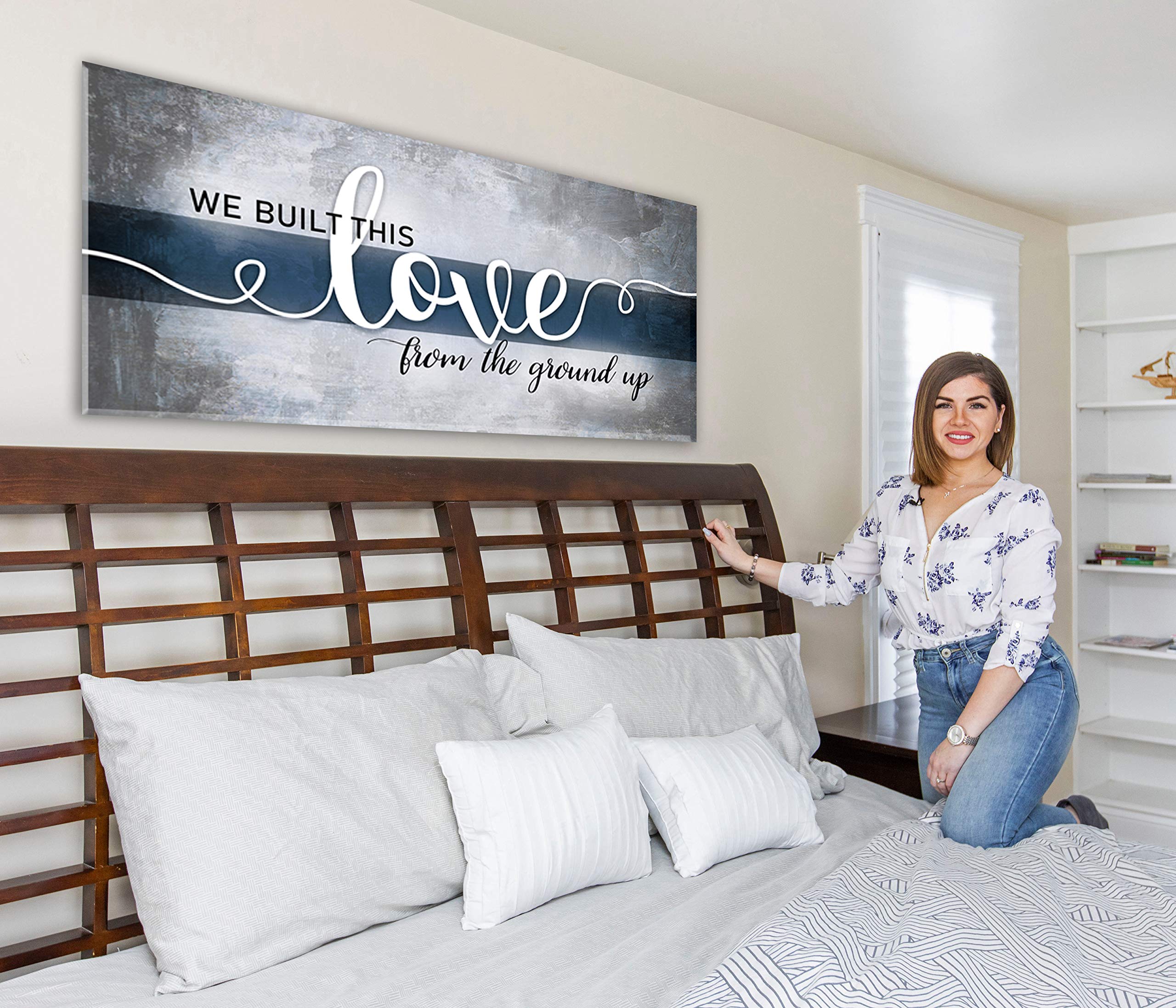 Romantic Love Wall Art Decor for Couples - 'We Built This Love' Canvas Painting (42x19 Inch, Blue) - Perfect for Bedroom, Living Room & Wedding Anniversary Gifts