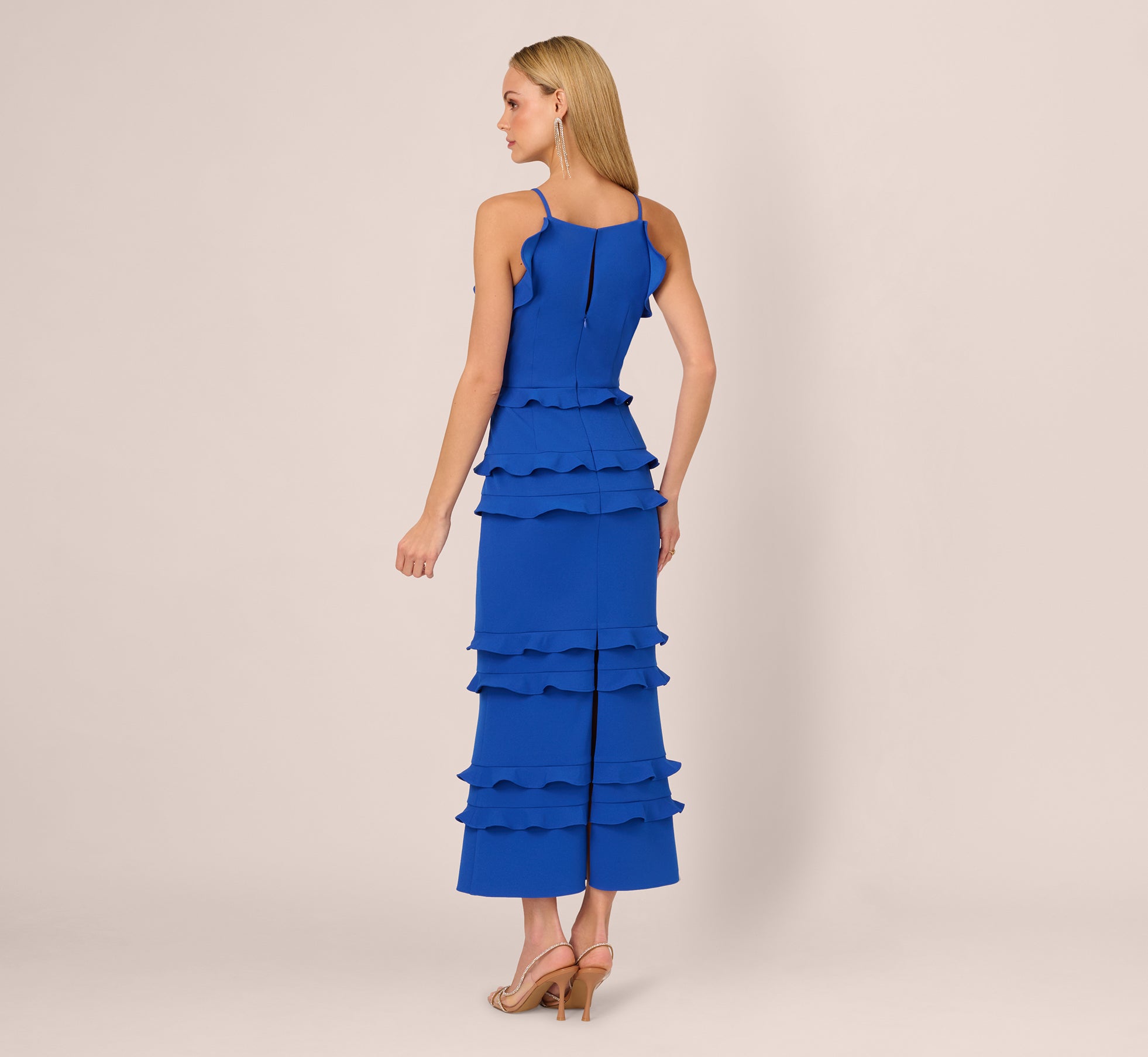 True Blue Sleeveless Crepe Flounce Midi Dress - Women's Elegant Party & Summer Cocktail Attire