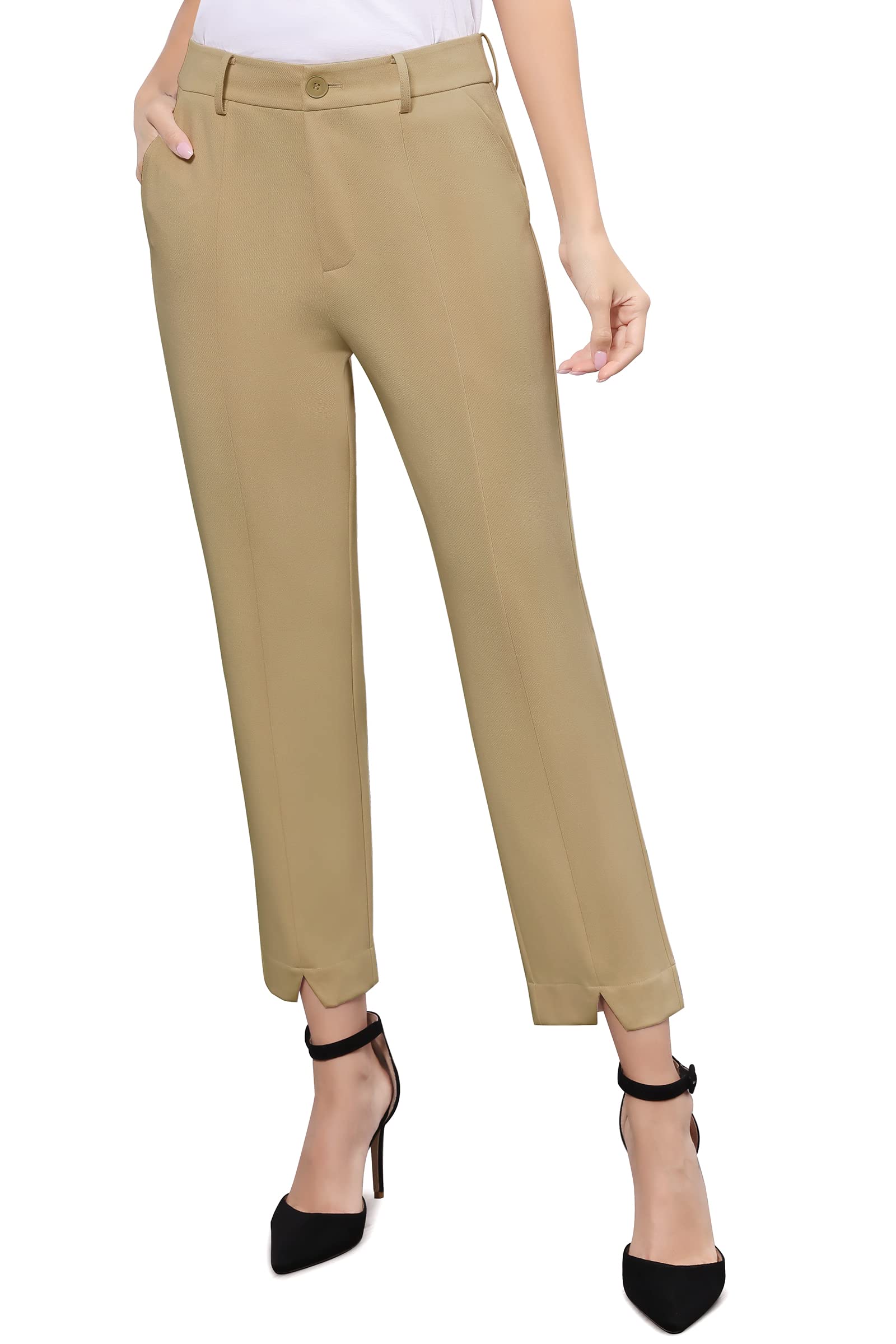 PUWEER Women's Stretch Ankle Dress Pants - Business Casual Office Work Pants with Pockets | Comfortable Cropped Capri Pants for Professional Women (Perfect for Office, Meetings & Business Travel)