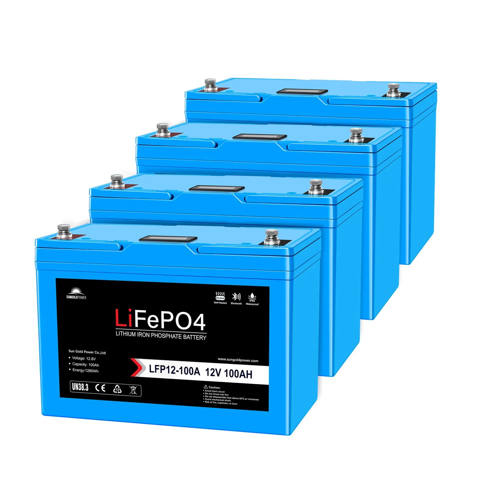 SunGoldPower 12V 100Ah LiFePO4 Deep Cycle Lithium Battery with Bluetooth, Self-Heating & IP65 - Perfect for RVs, Marine, Solar Systems & Off-Grid Power Storage