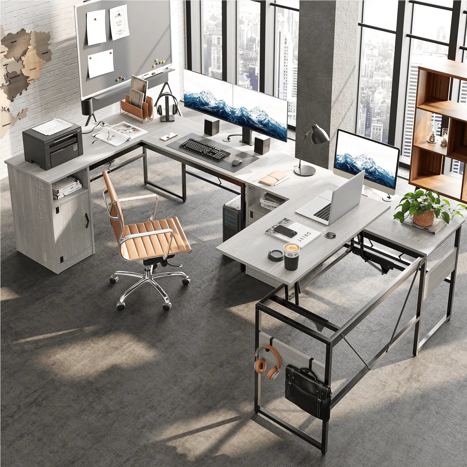 Bestier 60 Inch L-Shaped Standing Desk with File Cabinet - Adjustable Height Computer Workstation for Home Office, Gaming & Study (Espresso) - Perfect for Small Spaces & Ergonomic Workspaces