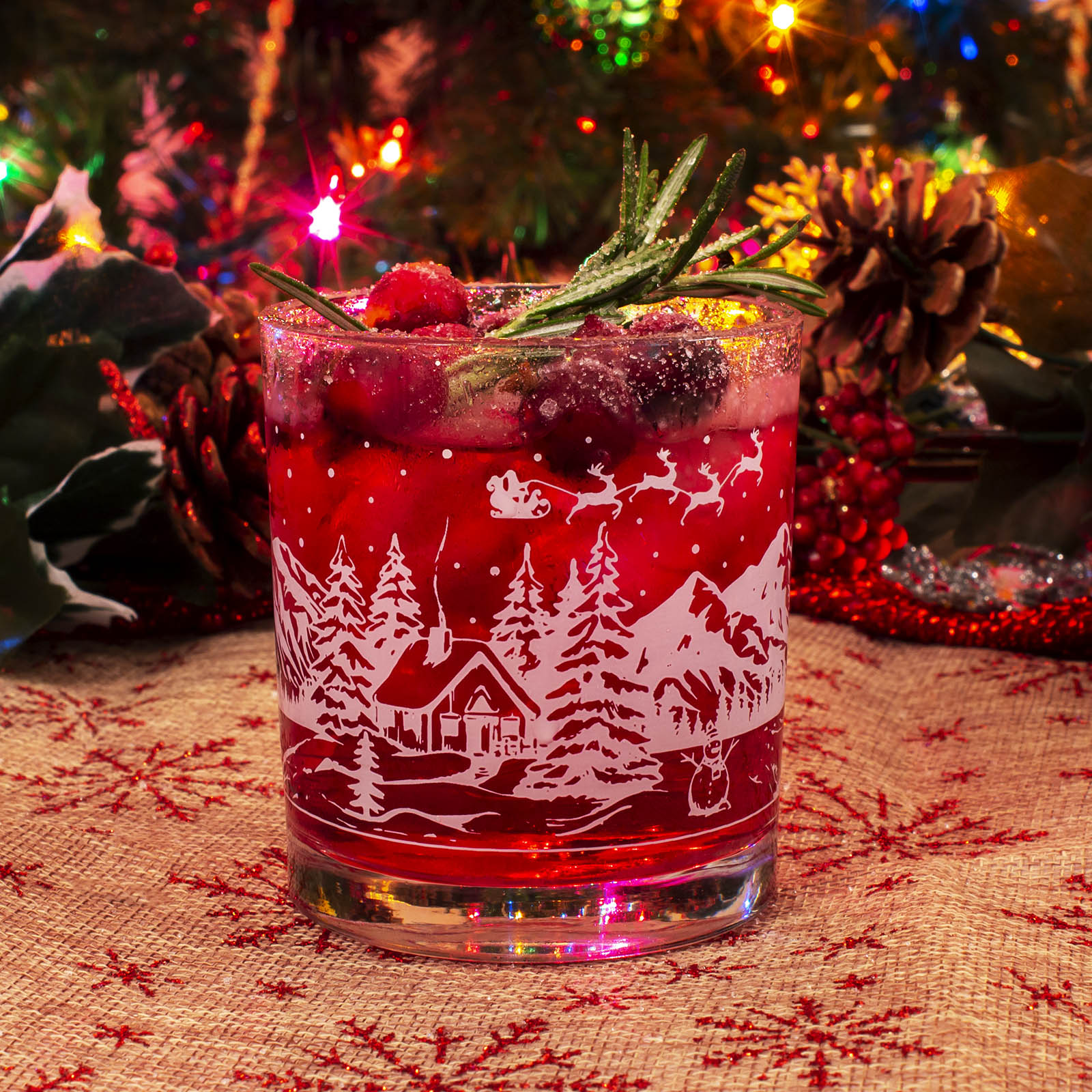 BarConic® 10 oz Old Fashioned Glass Set - Classic Christmas Cabin Design - Perfect for Whiskey, Cocktails & Holiday Entertaining