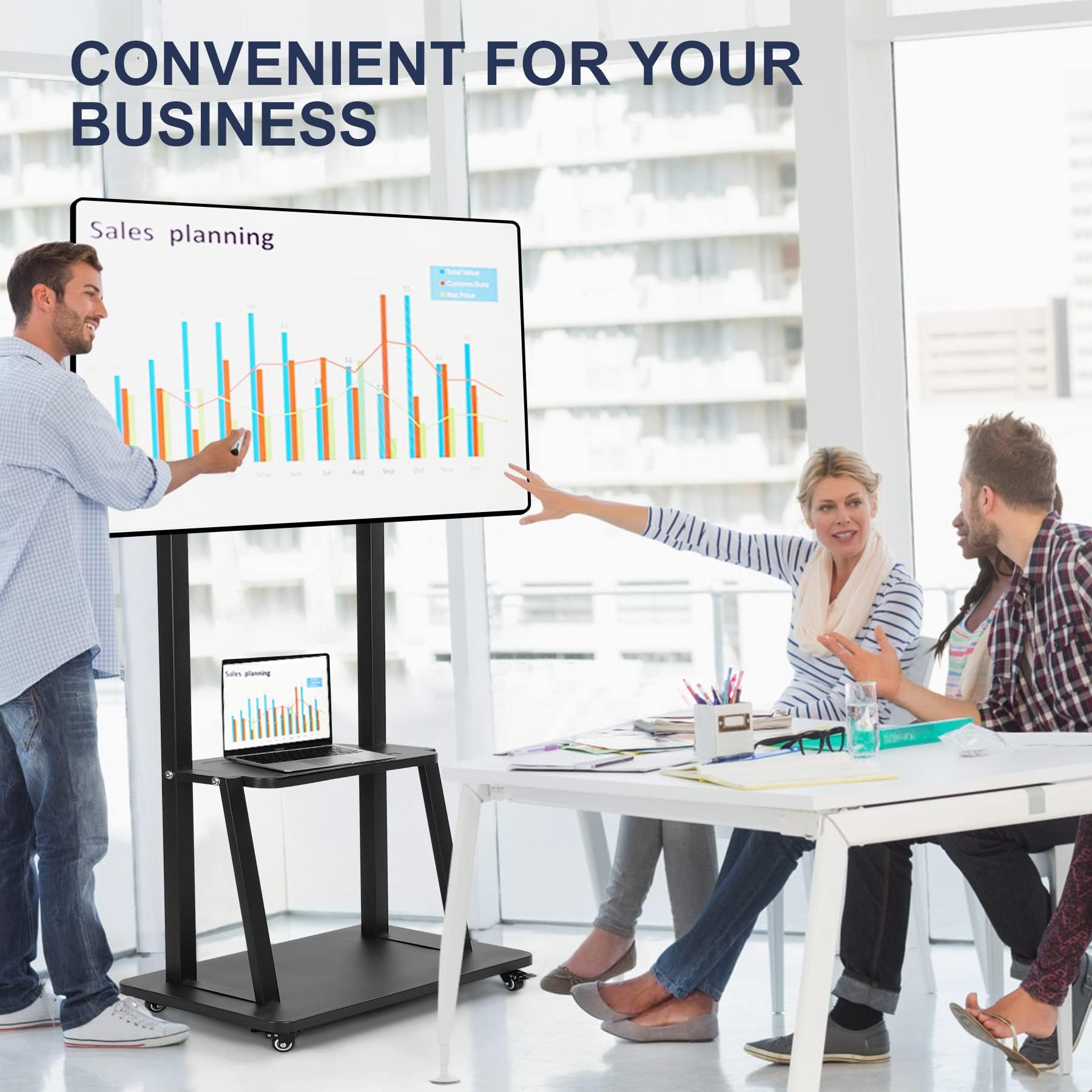 Heavy-Duty Rolling TV Stand with Wheels for 32-75 Inch TVs - Adjustable Height Mobile Cart for LCD LED OLED Flat Screens & Smartboards (100lbs Capacity) - Perfect for Living Rooms, Classrooms & Office Presentations