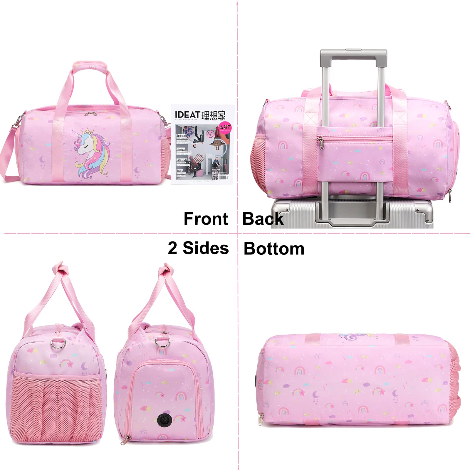 Girls Sports Duffel Bag with Shoe Compartment - Dance Gym Travel Weekender for Teens