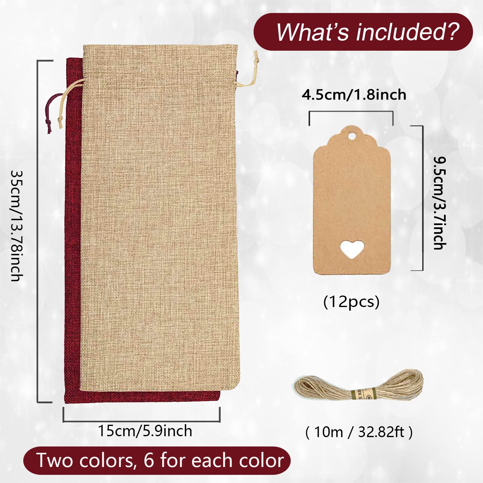 12-Pack Reusable Burlap Wine Gift Bags with Drawstrings - Eco-Friendly Wine Bottle Bags for Parties, Christmas, Weddings, Travel & Home Storage - Perfect for Gifting, Entertaining and Organizing