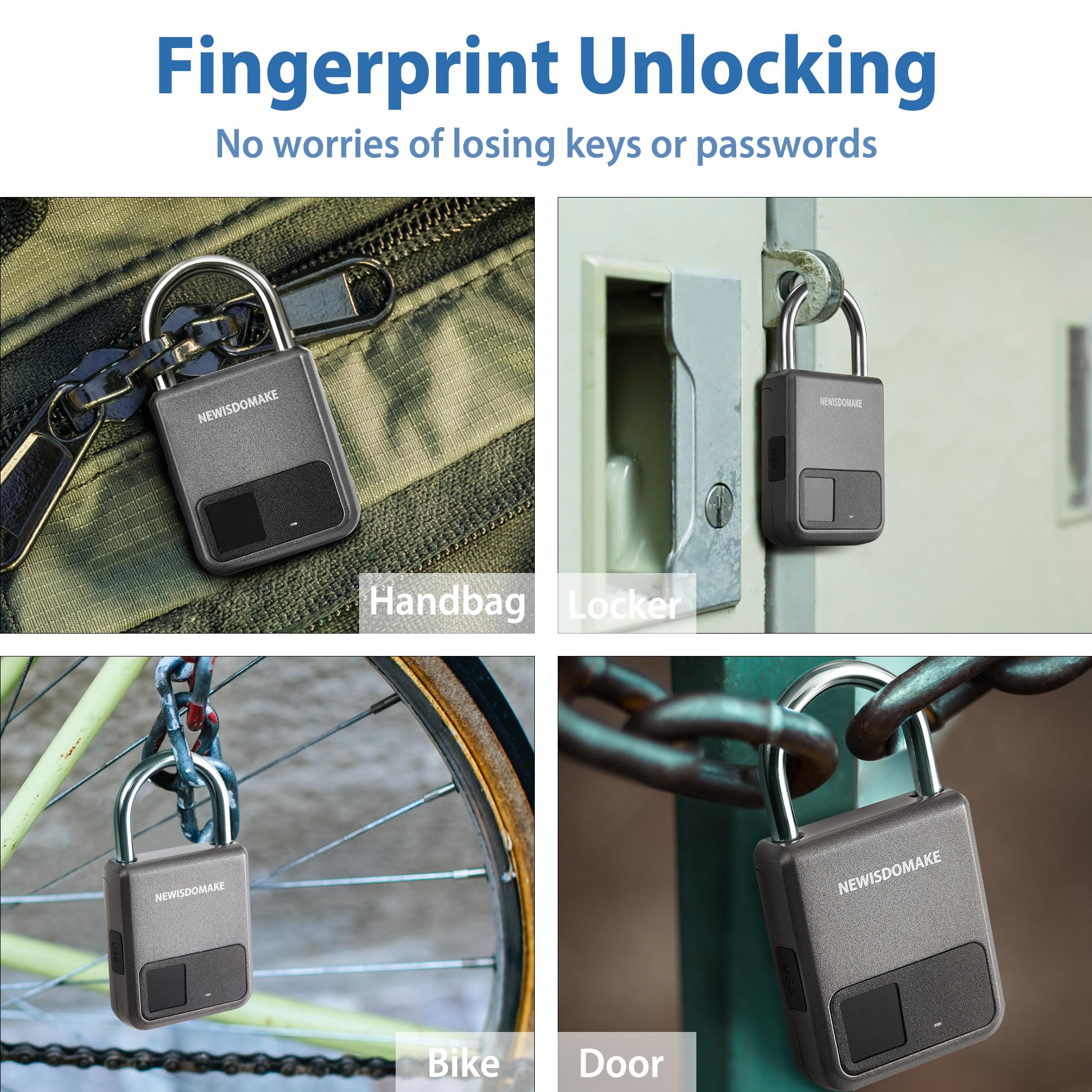 Fingerprint Padlock - Smart Biometric Lock with USB Charging, Keyless Entry for Luggage, Backpack, Gym Locker, Bike & School Lockers - Secure Gray Digital Lock for Travel, Home & Office Use