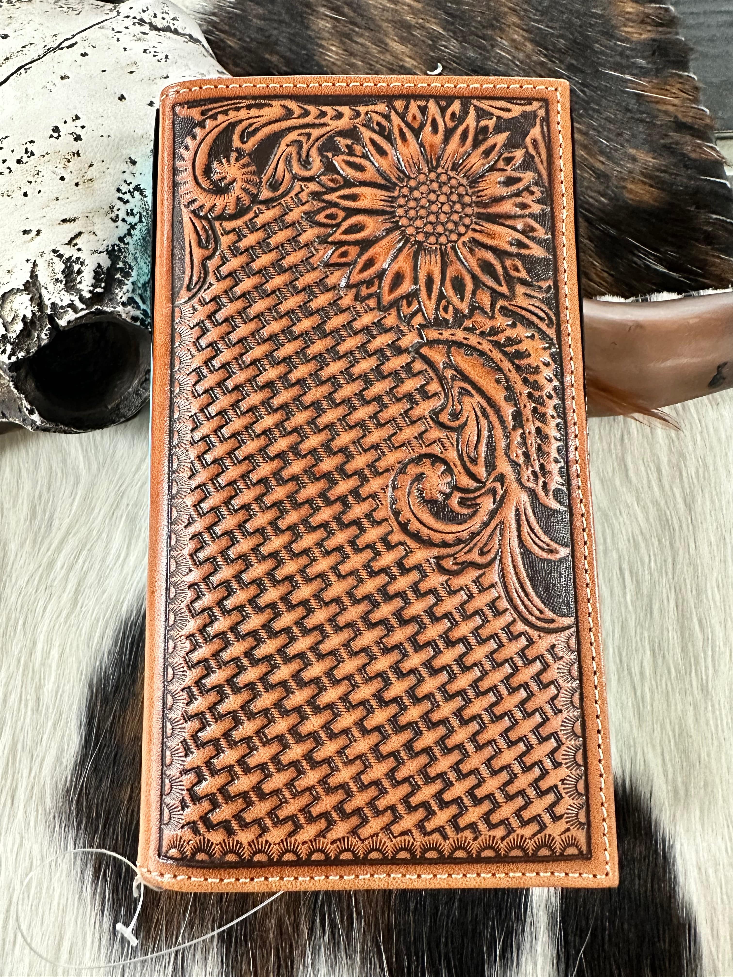 Nocona Genuine Leather Sunflower Basket Weave Tooled Wallet for Men - Western Style Bifold Wallet for Everyday Use & Gift Giving