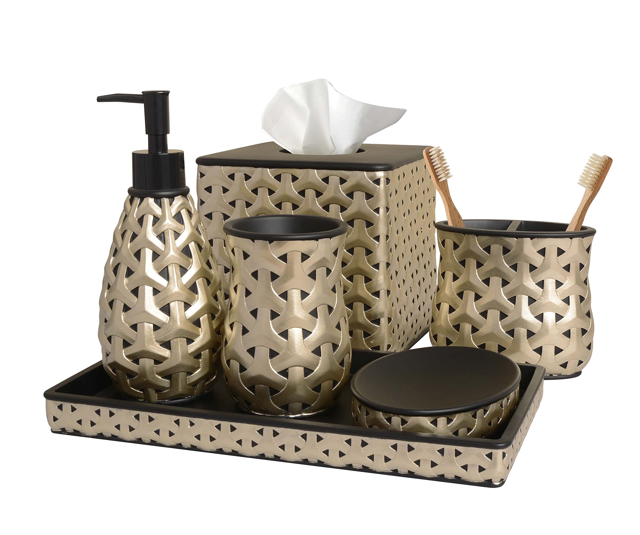 6-Piece Modern Bathroom Accessories Set - Soap Dispenser, Toothbrush Holder, Soap Dish, Tumbler, Vanity Tray & Tissue Box - Black Gold Finish for Countertop Decor - Perfect Housewarming Gift for Bathroom Organization & Stylish Home Upgrade