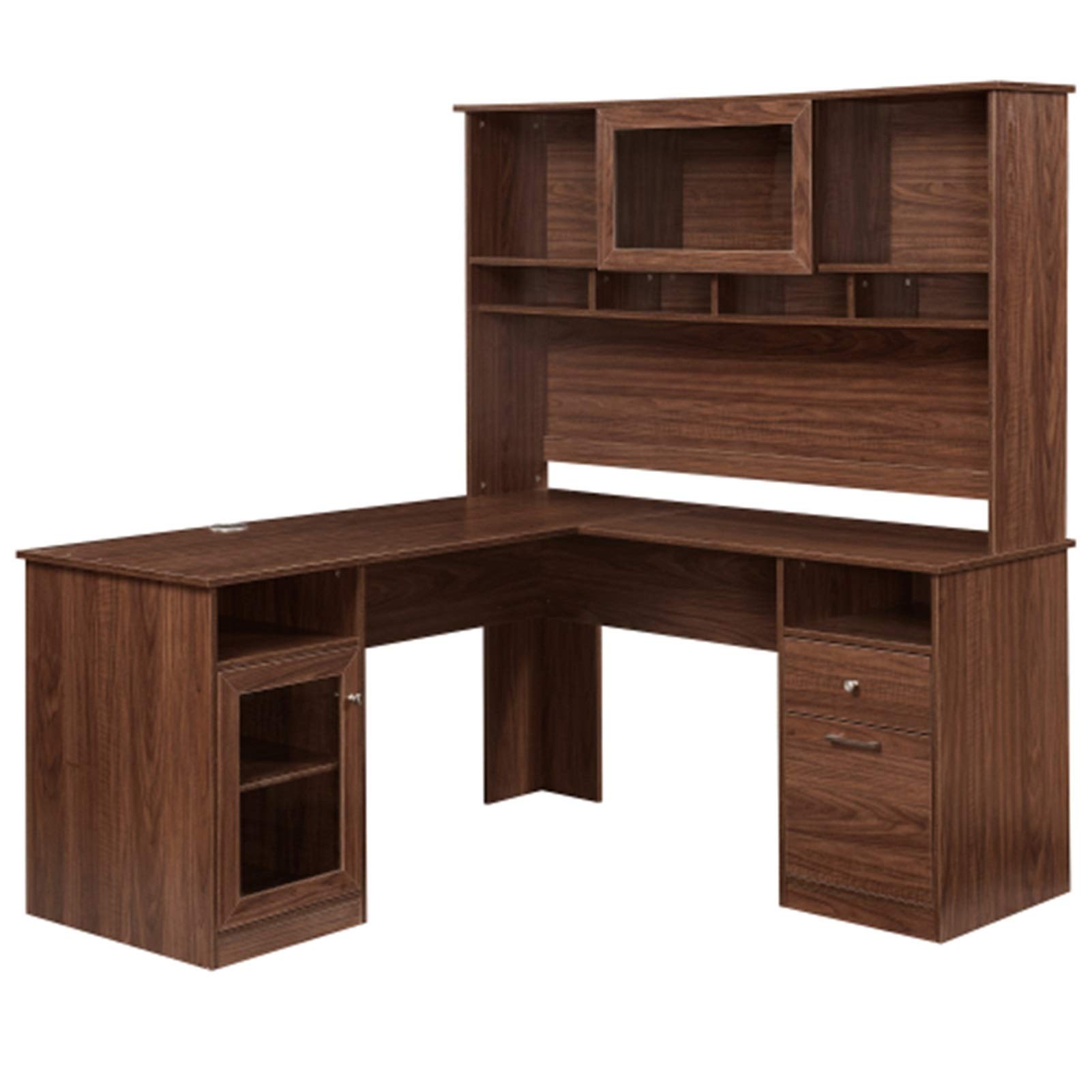 L-Shaped Home Office Desk with Shelves, Hutch & Glass Doors - Writing Workstation with Storage & File Cabinet - Perfect for Study, Computer Work & Small Space Organization