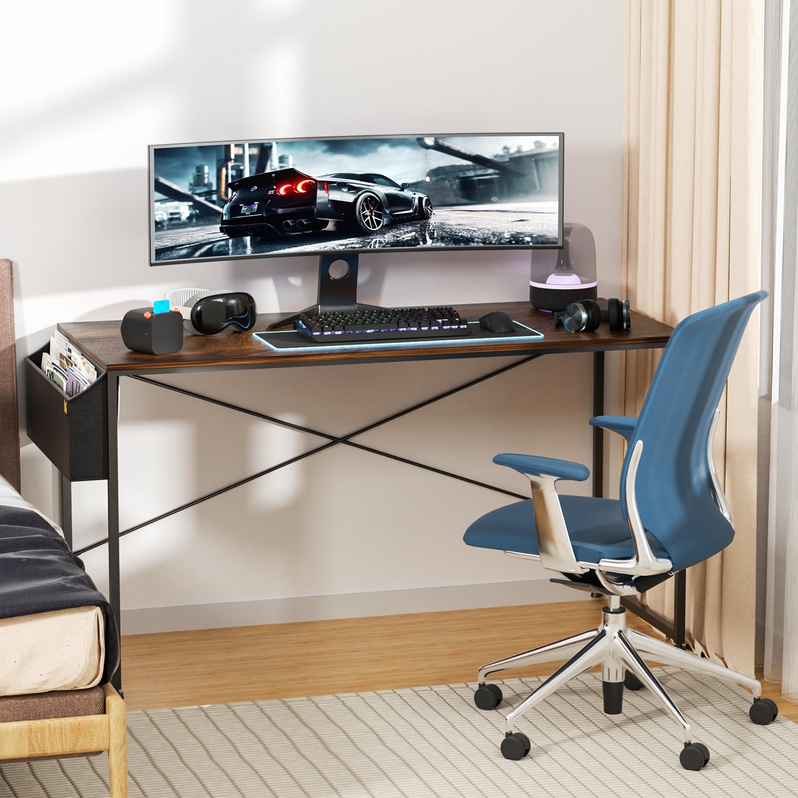 MoNiBloom 55 Inch Home Office Gaming Desk with Storage Bag - Rustic Brown Computer Study Table for Work, Gaming & Online Learning | Perfect for Small Spaces & Dorm Rooms
