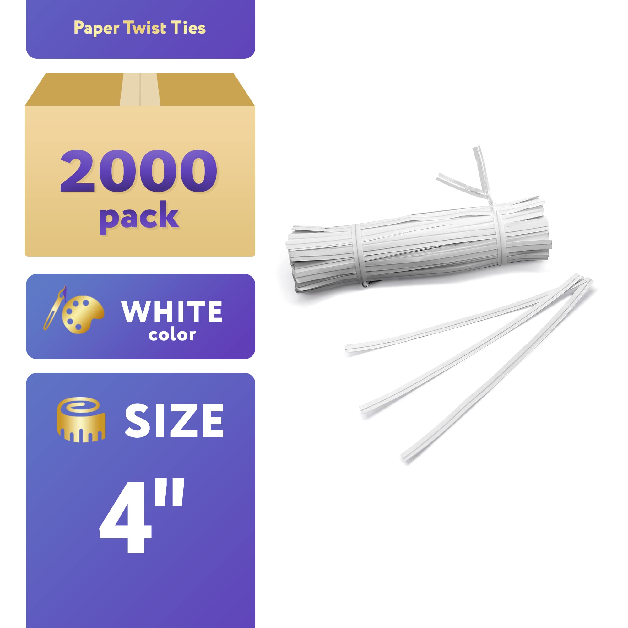 APQ 4-Inch White Metallic Twist Ties for Bags - 2000 Pack Plastic-Coated Bread Bag Closures, Reusable Heavy-Duty Twisty Ties for Treat Bags, Bread, Pastries & Food Packaging - Perfect for Bakeries, Cafes, Home Kitchen & Party Favor Bags