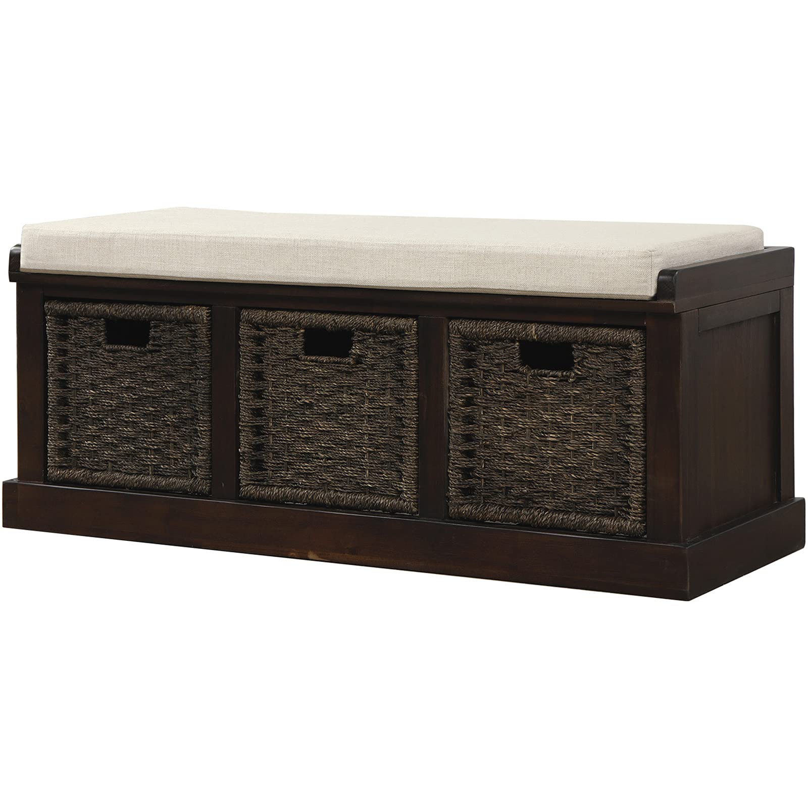 VERYKE Entryway Storage Bench with Removable Cushion & 3 Rattan Baskets - Shoe Bench with Hollow Handle for Living Room, Bedroom, Hallway (Espresso) - Perfect for Organizing Shoes, Blankets & Home Decor