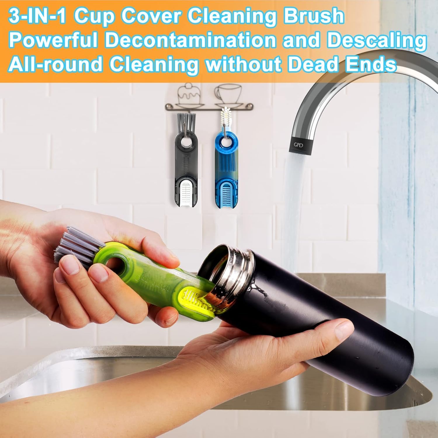 QUGAQULI 3-in-1 Multi-Purpose Cleaning Brush Set - Reusable Cup Cleaner, Bottle Brush & Straw Cleaner for Kitchen, Travel & Baby Bottles | Perfect for Teacups, Water Bottles & Hard-to-Reach Areas | Essential Home Cleaning Gadgets