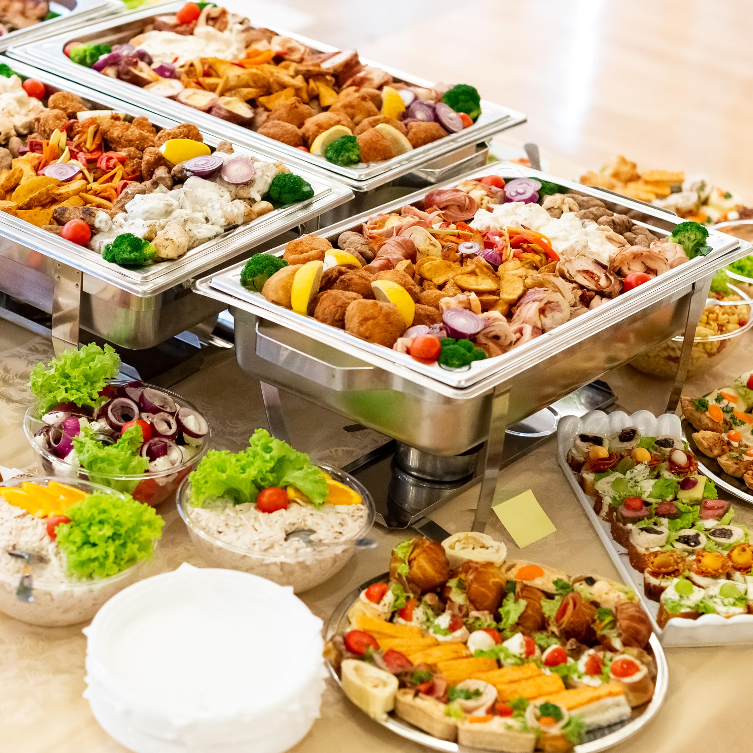 3-Pack Stainless Steel 8 Quart Buffet Chafing Dish Set with 6 Fuel Cans, 9 Serving Utensils, Folding Frame & Lids - Full Size Catering Warmers for Parties, Weddings, Banquets & Buffet Serving