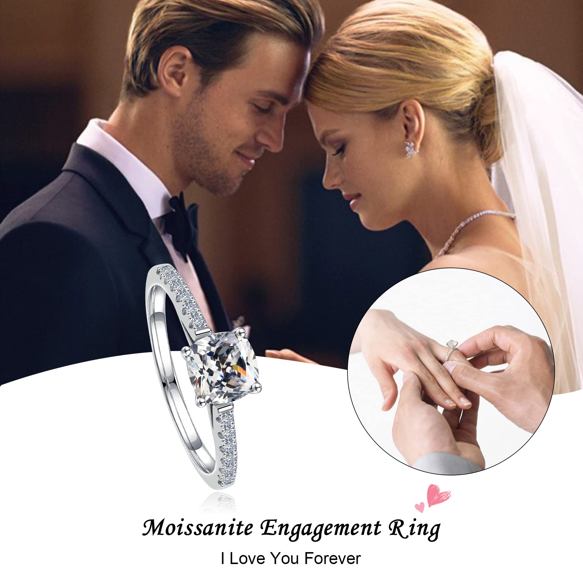 1.5ct Cushion Cut D Color VVS1 Clarity Lab Created Moissanite Engagement Ring for Women - 18K White Gold Plated Sterling Silver with Side Stones, Perfect Wedding Proposal, Anniversary & Valentine's Day Gift for Wife, Bridal Jewelry for Special Occasions