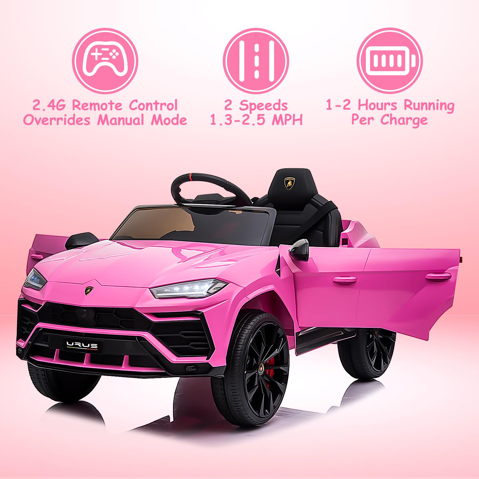 12V Licensed Lamborghini Electric Ride On Car for Kids - Remote Control, 2.5MPH Max Speed, LED Lights & Music Player - Spring Suspension & Lockable Doors - Perfect Birthday Gift for Toddlers (Pink) | Indoor & Outdoor Play, Pretend Driving Fun