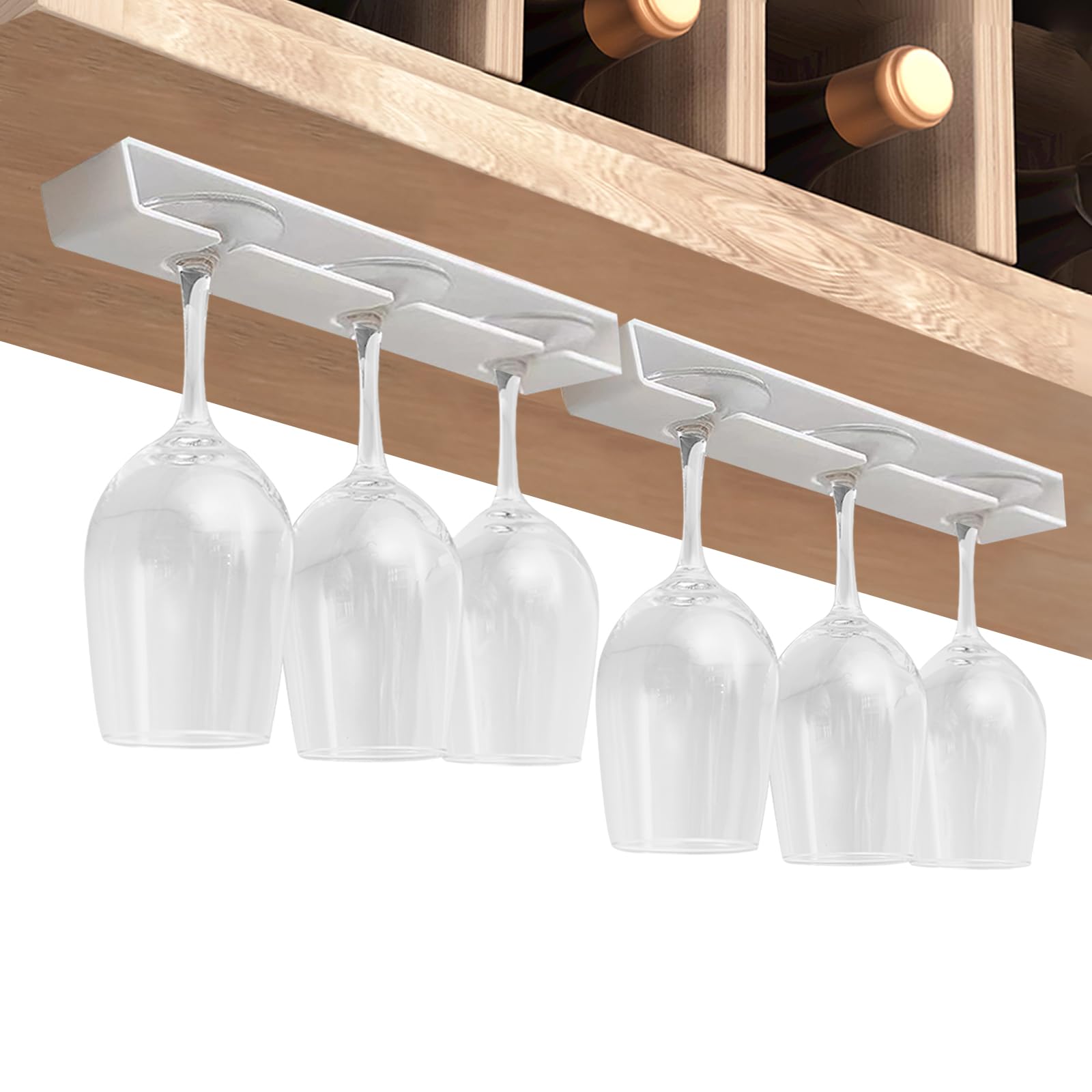 2 Pack No Drill Wine Glass Holder - Hanging Stemware Rack Organizer for Bar, Cabinet & Kitchen - White - Perfect for Wine Storage & Home Decor
