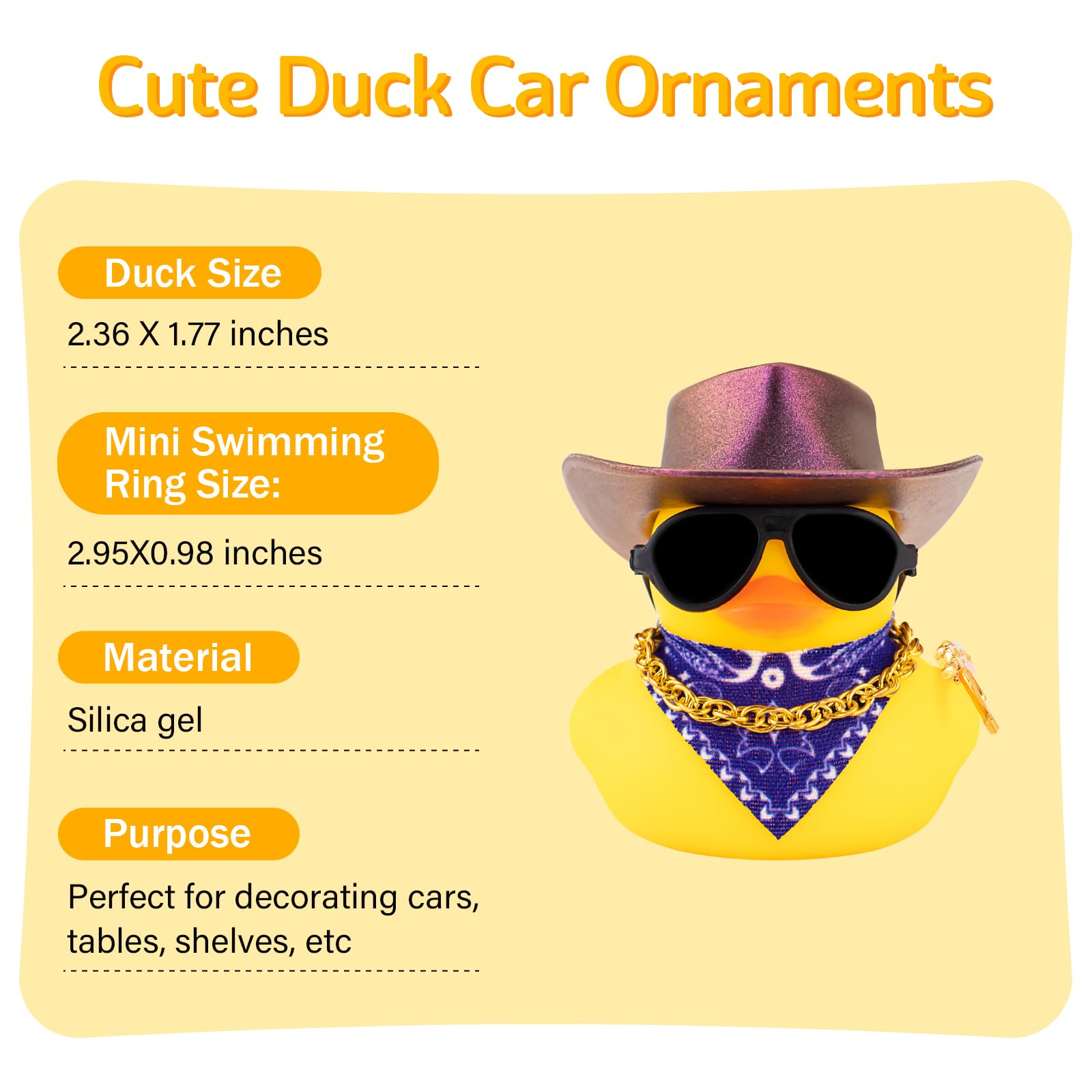 Wonuu Rubber Duck Car Ornaments - Cute Dashboard Decor with Cowboy Hat, Necklace & Sunglasses - Shiny Deep Purple Car Accessories for Fun Road Trips & Gifts