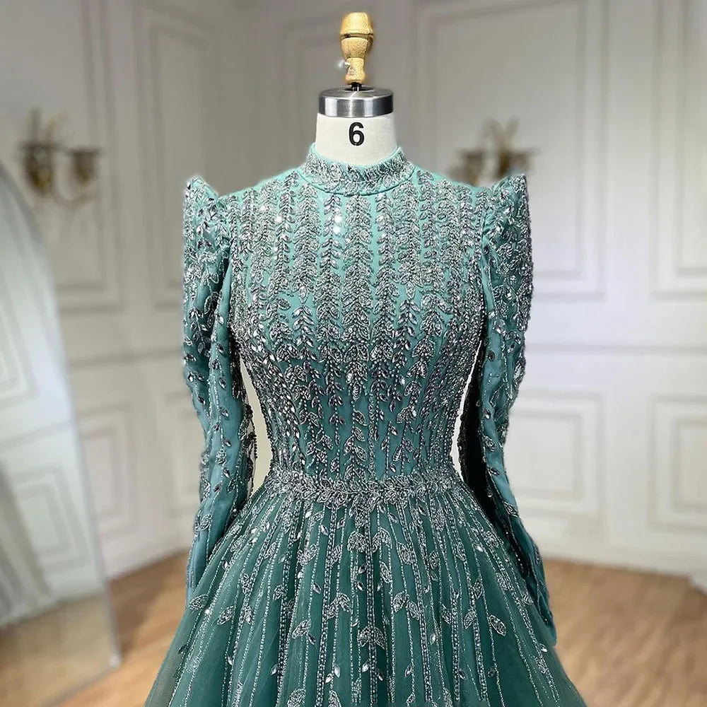 Luxury Dubai Arabic Designer Sage Green Beaded A-Line Evening Dress for Women - Elegant Wedding & Party Gown 2025 | Perfect for Formal Events, Galas & Special Occasions