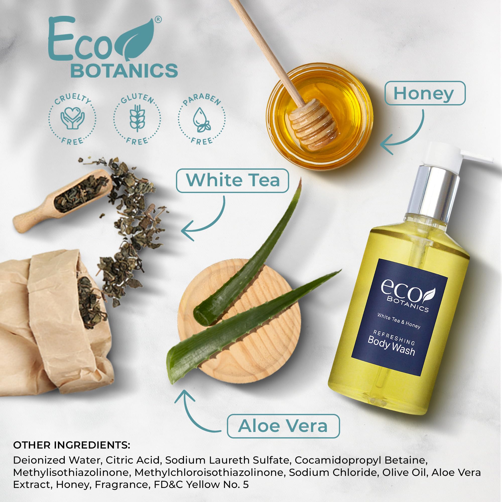 Terra Pure Eco Botanics Body Wash - White Tea & Honey Scent, 10.14 oz (Pack of 24) | Natural & Organic Hotel Amenities for Spa, Travel & Luxury Bathing