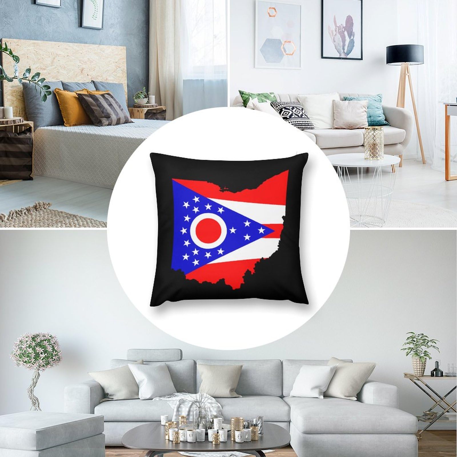 Ohio State Flag Map Plush Pillow Covers Set of 4 - 16x16 Inch Soft Cushion Covers for Sofa, Bed, Couch - Perfect for Home Decor, College Dorm, Game Day & Patriotic Gift