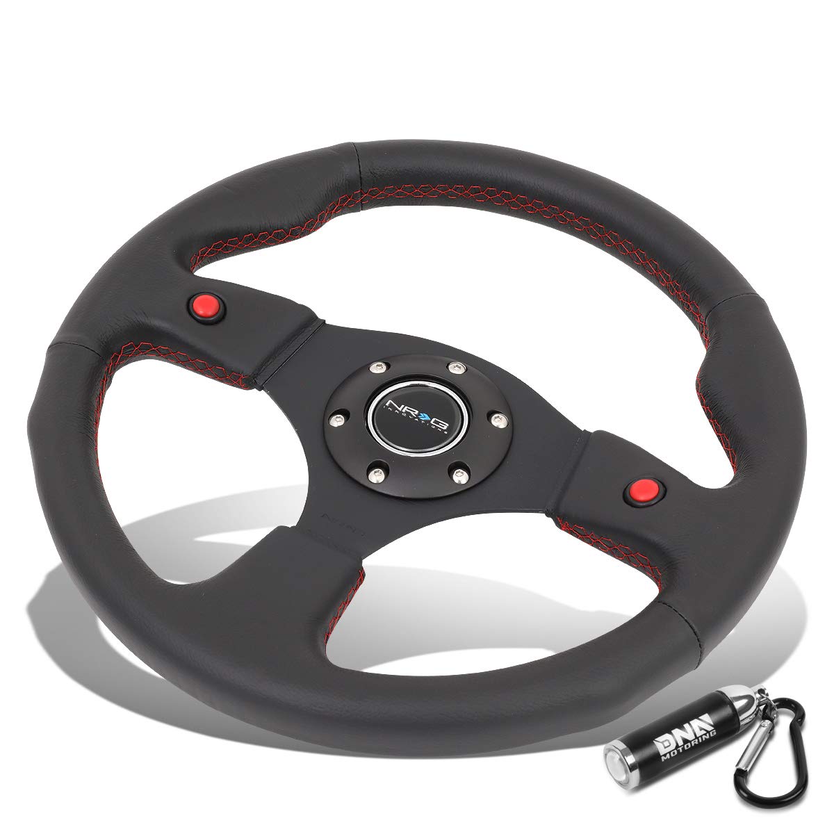 NRG Innovations RST-007R 320mm Leather Grip Racing Steering Wheel with Dual Side Buttons - Universal Fit for Drifting, Track Racing & Car Enthusiasts - Includes Free LED Keychain Flashlight for Night Use