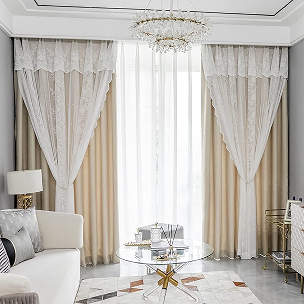 GGHHJ Double Layer Tulle & Blackout Curtain Panel - Elegant Lace Embroidery, Thermal Insulation for Living Room & Bedroom - 1 Piece | Perfect for Light Filtering, Privacy & Room Decor