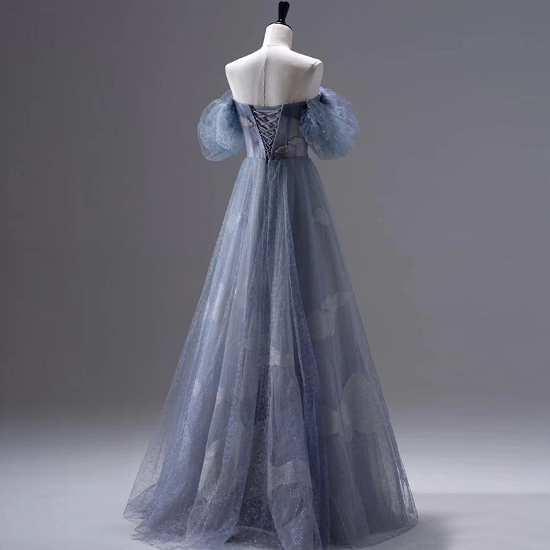 Elegant Blue Off Shoulder Tulle Long Prom Dress - A-Line Formal Evening Party Gown for Women | Perfect for Homecoming, Prom Night & Special Occasions