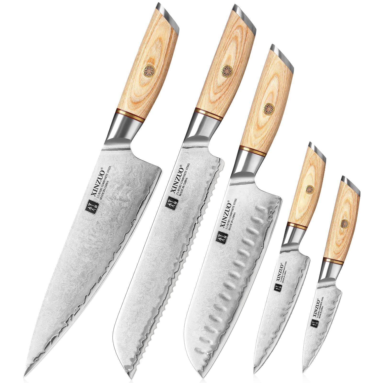 Premium XINZUO Chef Knife Set - 8-Piece High Carbon Steel Japanese Kitchen Knives with Pakkawood Handle for Professional Chefs & Home Cooking | Includes Santoku, Utility, Paring & Bread Knives | Perfect for Slicing, Dicing & Meal Prep | Elegant Gift Box Packaging