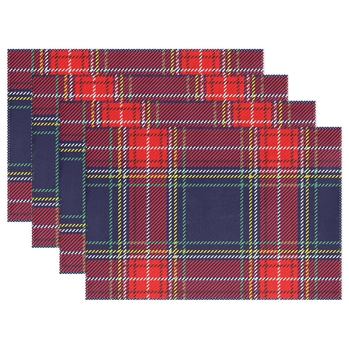 Traditional Dark Blue Red Tartan Plaid Stripes Heat Resistant Placemats - Set of 4 Washable Polyester Table Mats for Kitchen, Dining & Party Use | Durable & Stylish Home Decor