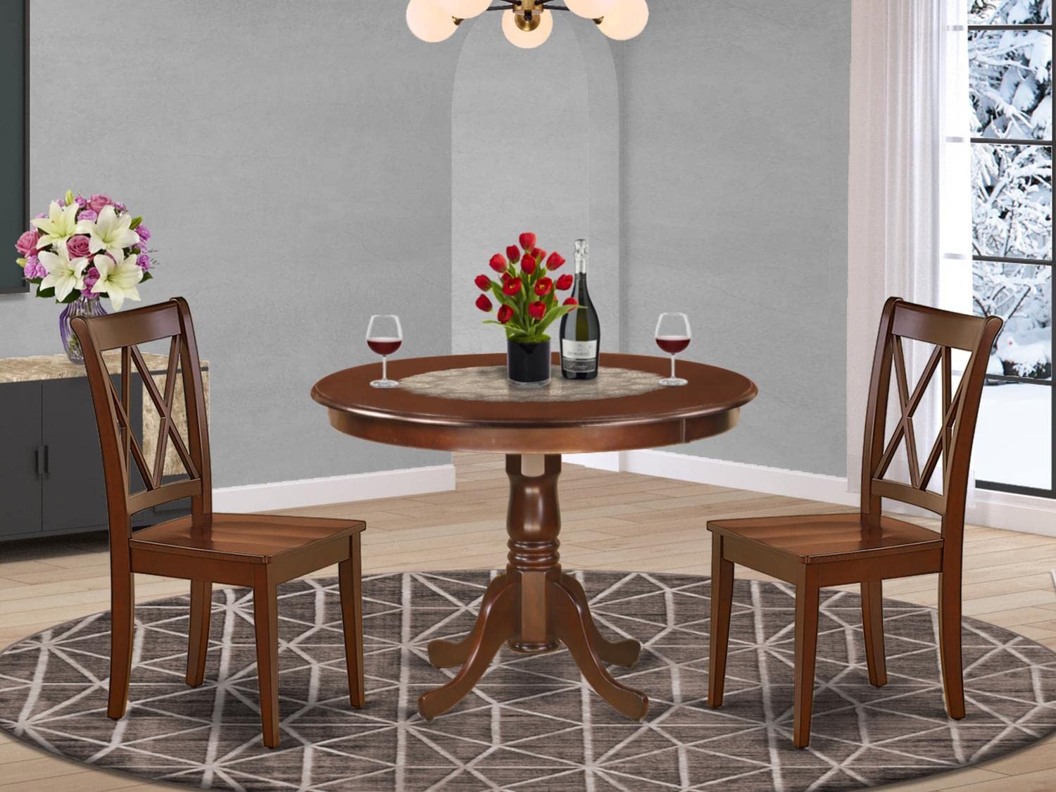 East West Furniture HLCL3-MAH-W 3-Piece Round Kitchen Table Set with Pedestal Base & 2 Dining Chairs - 42x42 Inch Mahogany - Perfect for Small Spaces, Apartments & Cozy Dining Areas