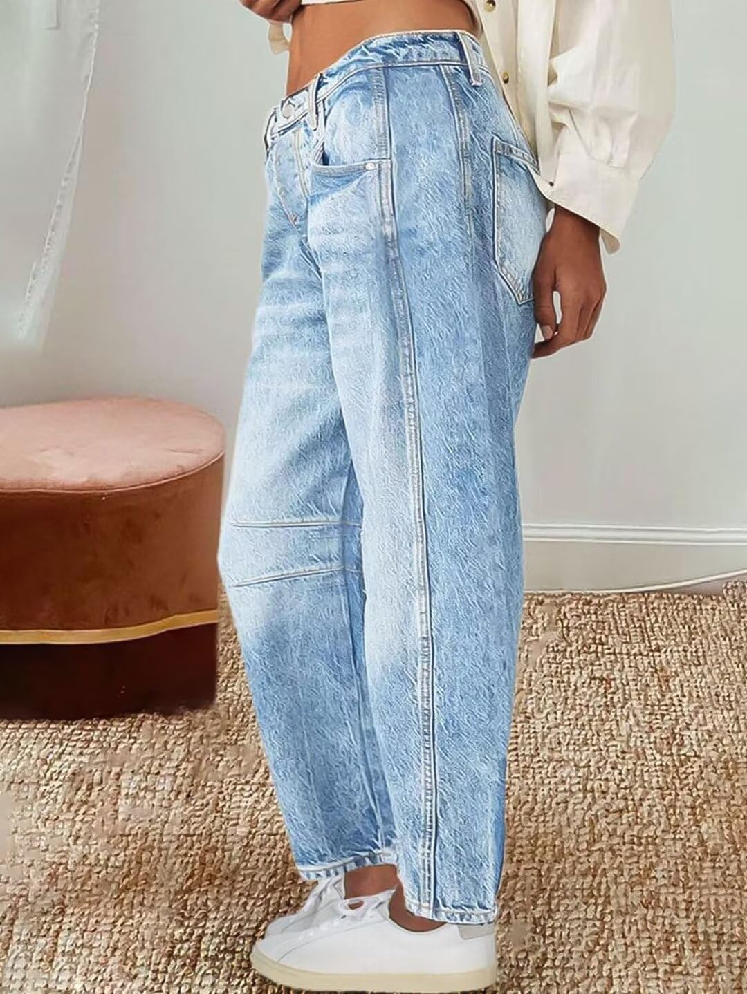 Flamingals Women's Wide Leg Mid Waist Barrel Jeans - Light Blue Denim Pants | Casual Cropped Baggy Jeans for Everyday Wear, Street Style & Weekend Outfits (Size M)