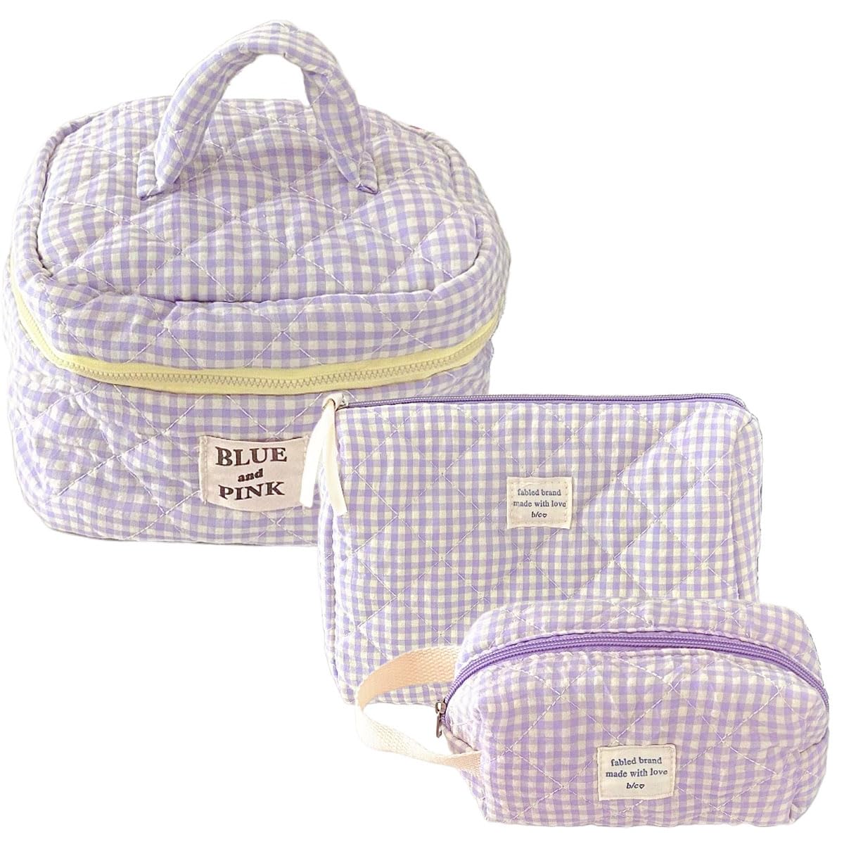 Quilted Floral Makeup Bag for Women - Large Cotton Cosmetic Organizer with Checkered Design, Travel Toiletry Bag for Girls & Women (Purple) - Perfect for Travel, Gym, and Everyday Use