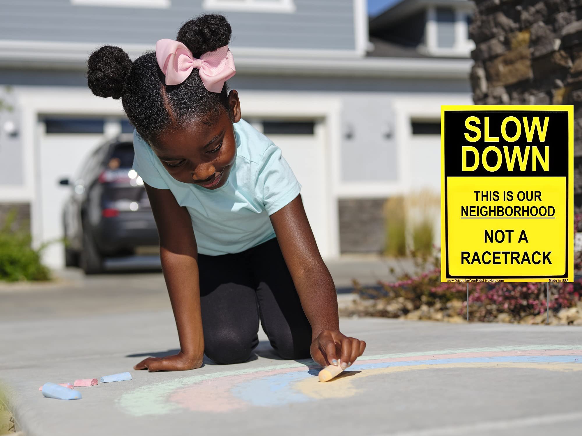 Slow Down This Is Our Neighborhood Not A Racetrack - 2 Pack Yellow Double Sided Yard Signs with Metal Stand - Perfect for Residential Streets & School Zones Safety Awareness