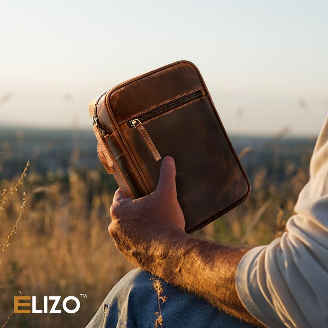 ELIZO Genuine Leather Bible Cover for Men & Women - Large Zippered Book Cover with Bookmark - Church Bag & Religious Gift for Bible Study, Travel & Worship