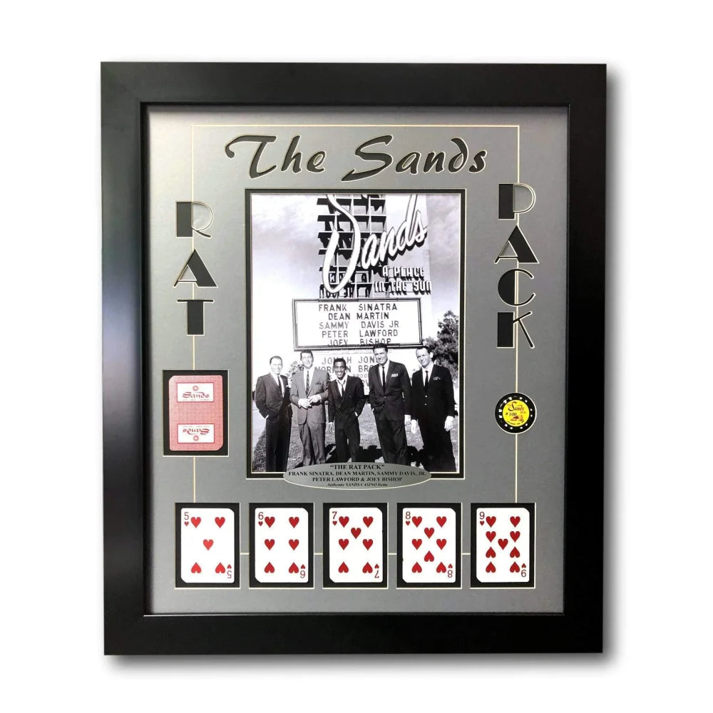 Rat Pack Vegas Collage with Authentic Sands Playing Cards - Framed Wall Art Photo | Perfect for Home Decor, Man Cave & Casino Themed Rooms