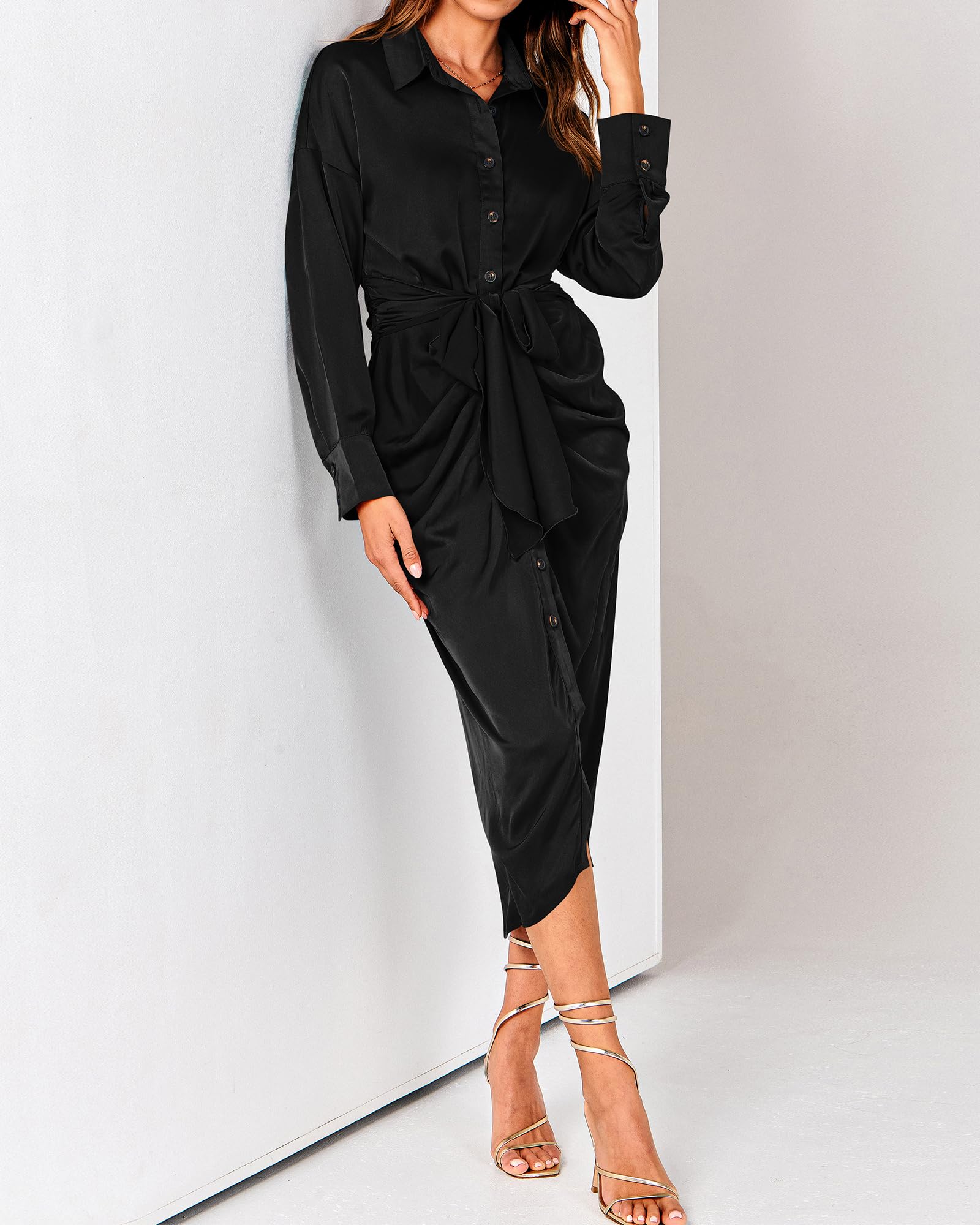 BTFBM Women's Long Sleeve Satin Dress - 2025 Spring Summer V-Neck Lapel Button Down Elegant Belted Ruched Maxi Shirt Dress for Office, Party & Special Occasions