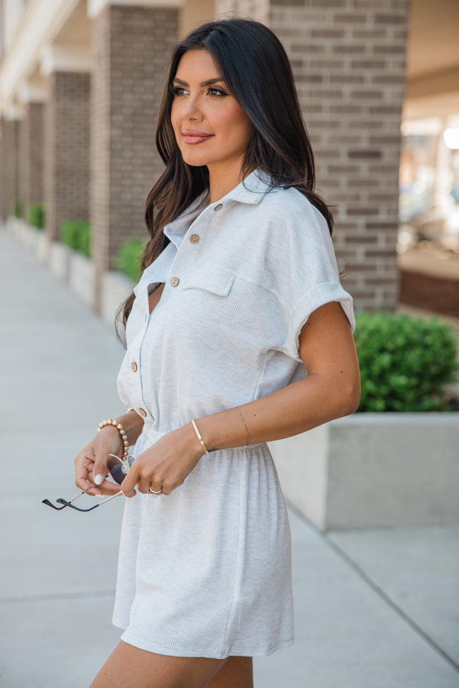 Plain As Day Grey Button Up Collared Romper for Women - Casual Summer Jumpsuit with Pockets | Perfect for Beach Outings, Brunch Dates & Weekend Getaways