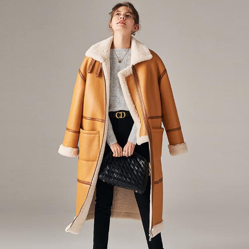 Denny & Dora Women's Shearling Bomber Jacket - Long Style Leather Overcoat with Faux Fur Lining | Winter Warm Coat for Women in Khaki | Perfect for Cold Weather, Outdoor Activities & Fashion Layering