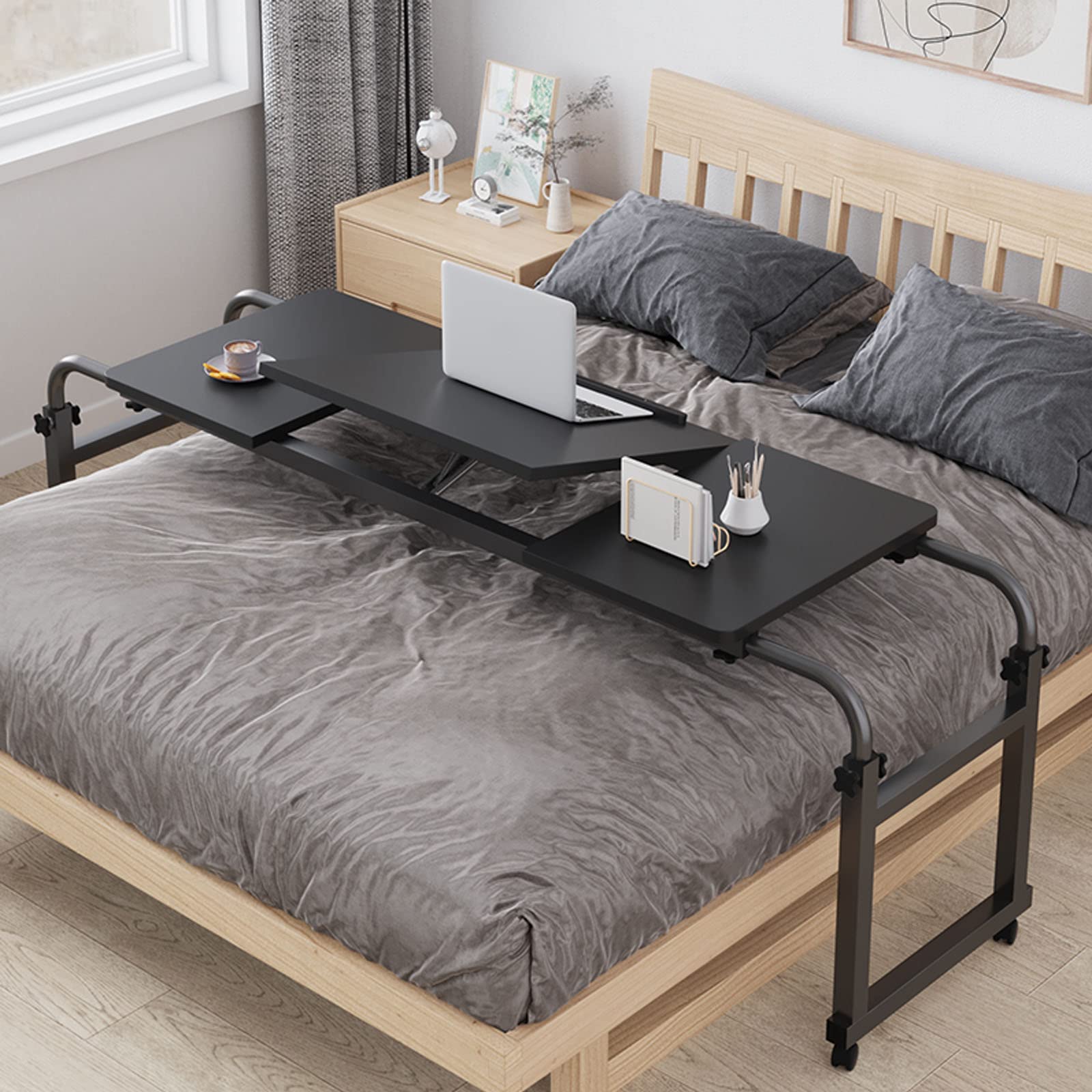 Cross-Bed Stretchable Adjustable Laptop Desk with Wheels - Portable Mobile Couch Snack Table, Multi-Functional Bedside Workstation for Home Office, Gaming, and Study