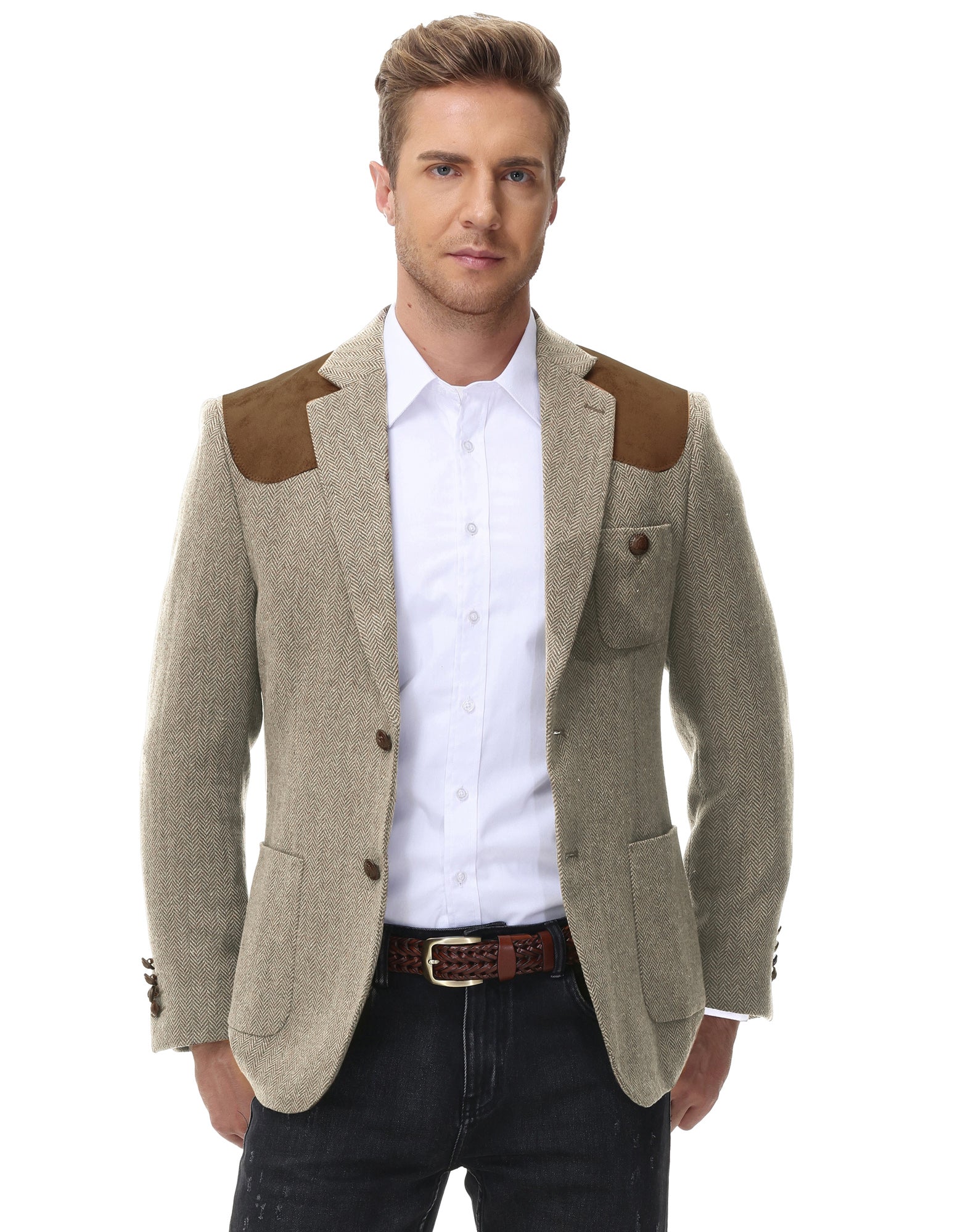 PJ Paul Jones Men's British Wool Blend Suit - 2 Button Blazer Jacket with Patchwork Tweed Design | Formal Business Attire & Wedding Outfit