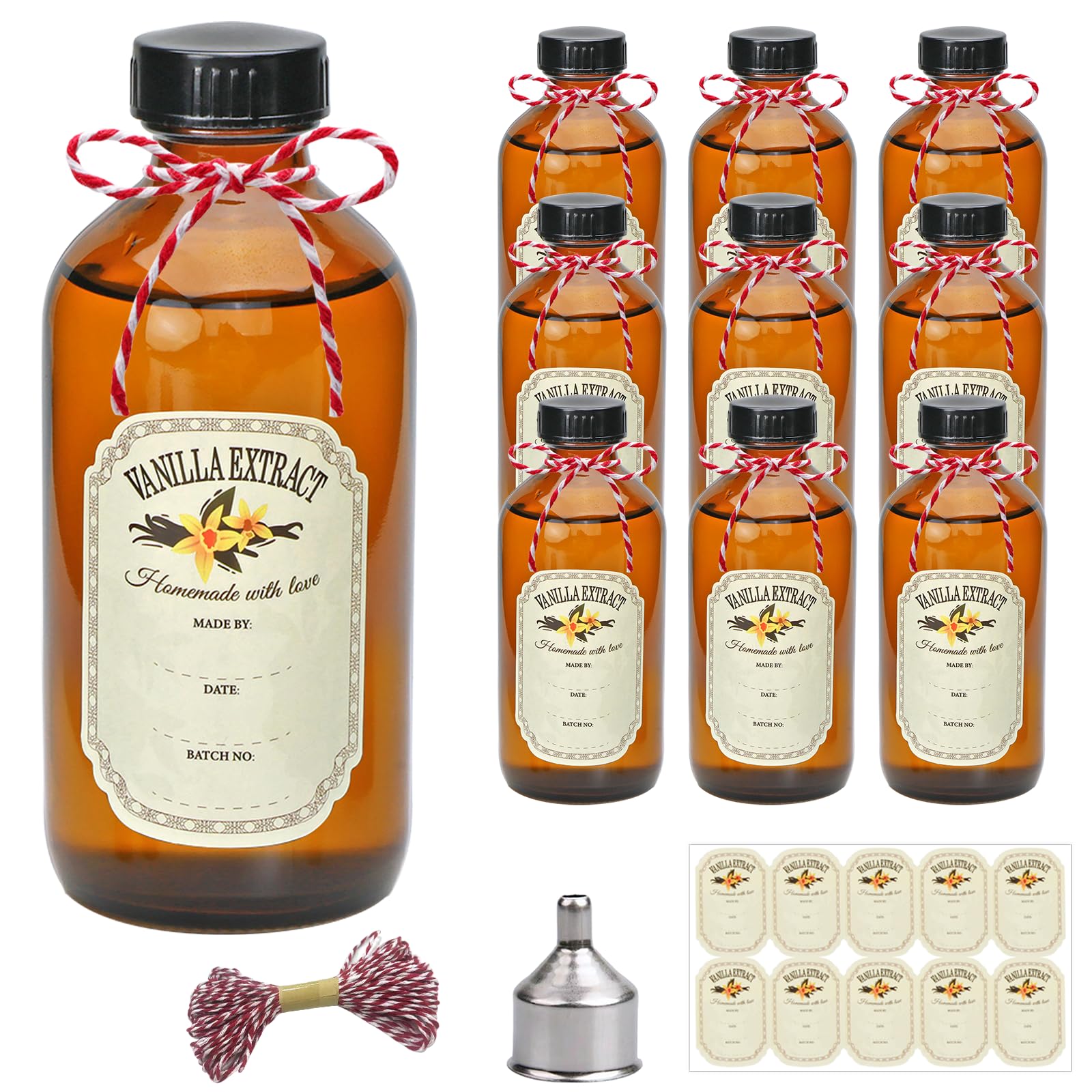 8oz Amber Glass Bottles with Caps - 10 Pack Round Boston Bottles for Vanilla Extract, Syrup & Essential Oils - Includes Stickers & Funnel - Perfect for Wedding Favors, Christmas Gifts & DIY Projects