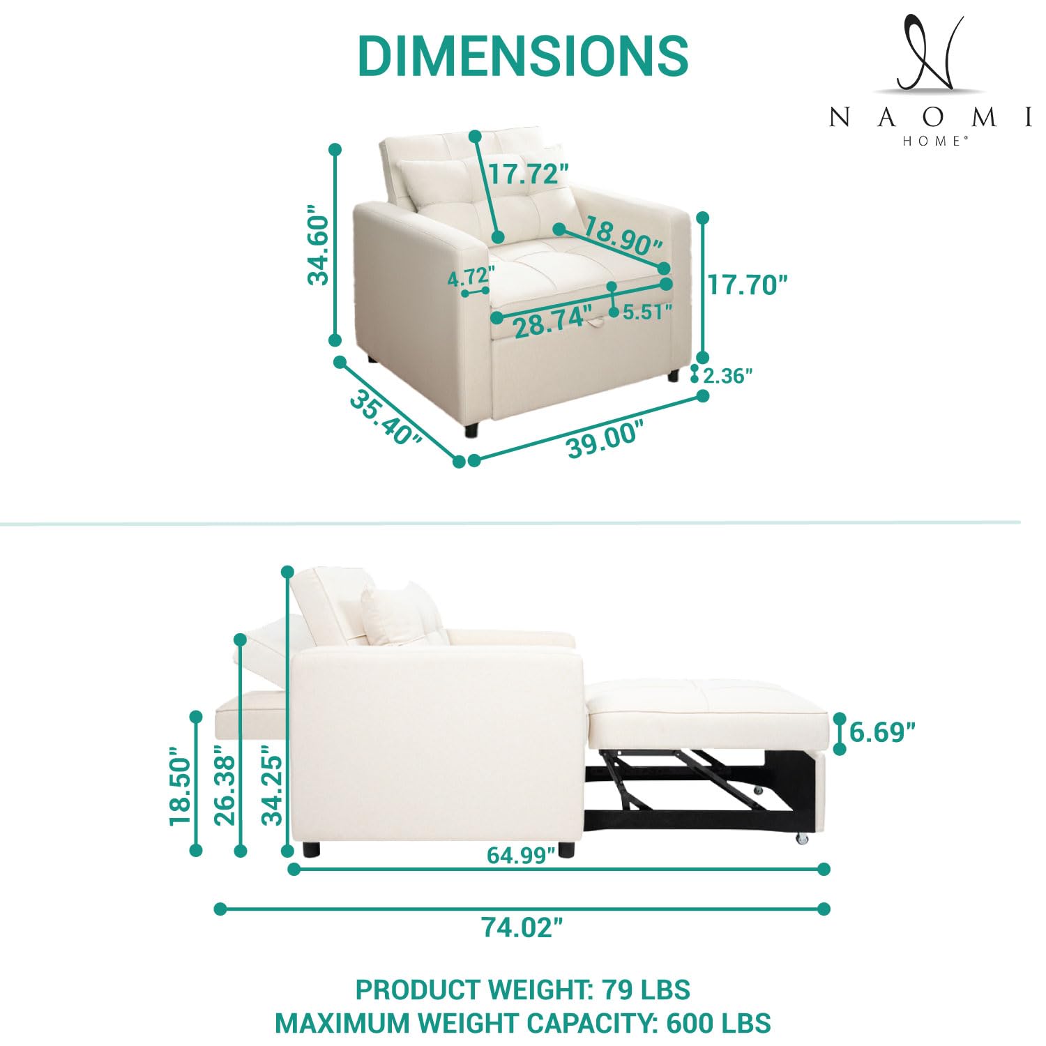 3-in-1 Convertible Sofa Chair Bed for Adults - Foldable Adjustable Backrest Linen Futon - Modern Pull Out Sleeper Sofa for Living Room, Guest Room & Small Spaces (Cream)