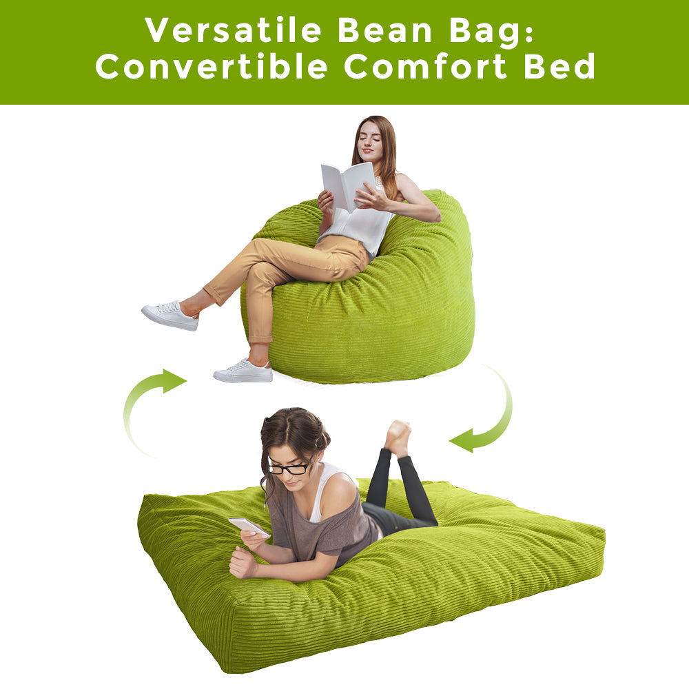 MAXYOYO Convertible Bean Bag Bed - 4ft Corduroy Sofa Sleeper Chair in Green | Multi-Functional for Living Room, Bedroom & Dorm | Comfortable Lounger & Guest Bed
