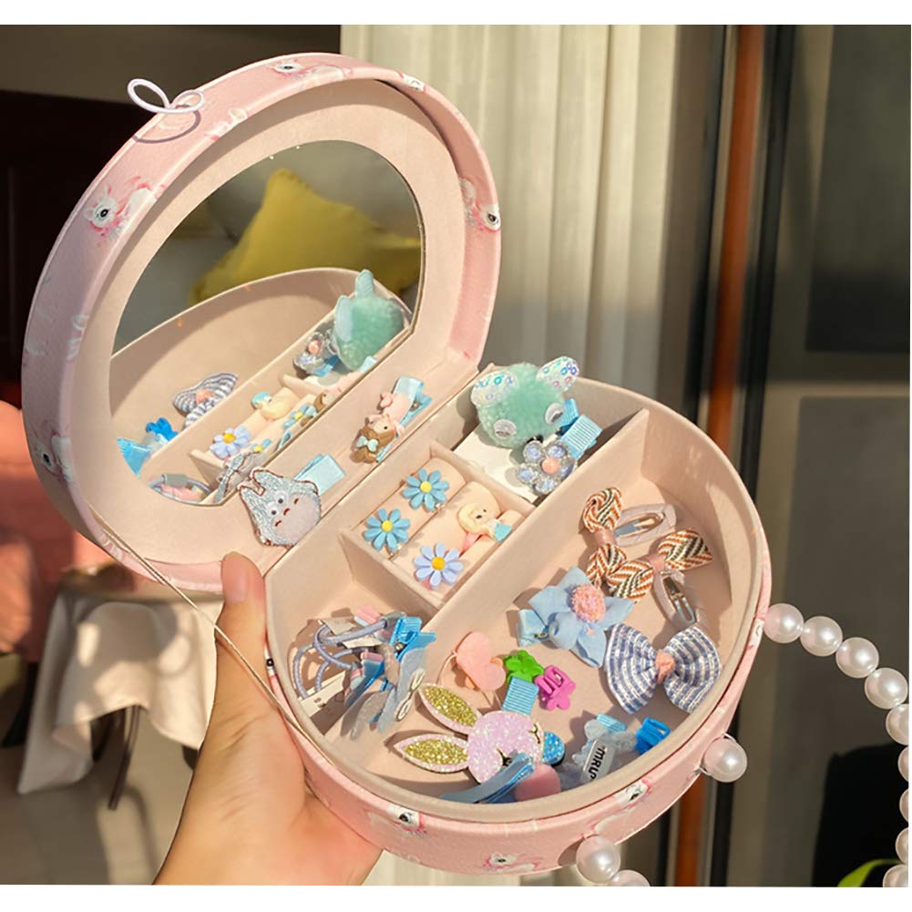 Kids Hair Accessories Storage Box with Mirror - Organizer for Hair Clips, Bows & Cosmetics - Portable Makeup Case for Girls - Perfect for Travel, Home & School Use