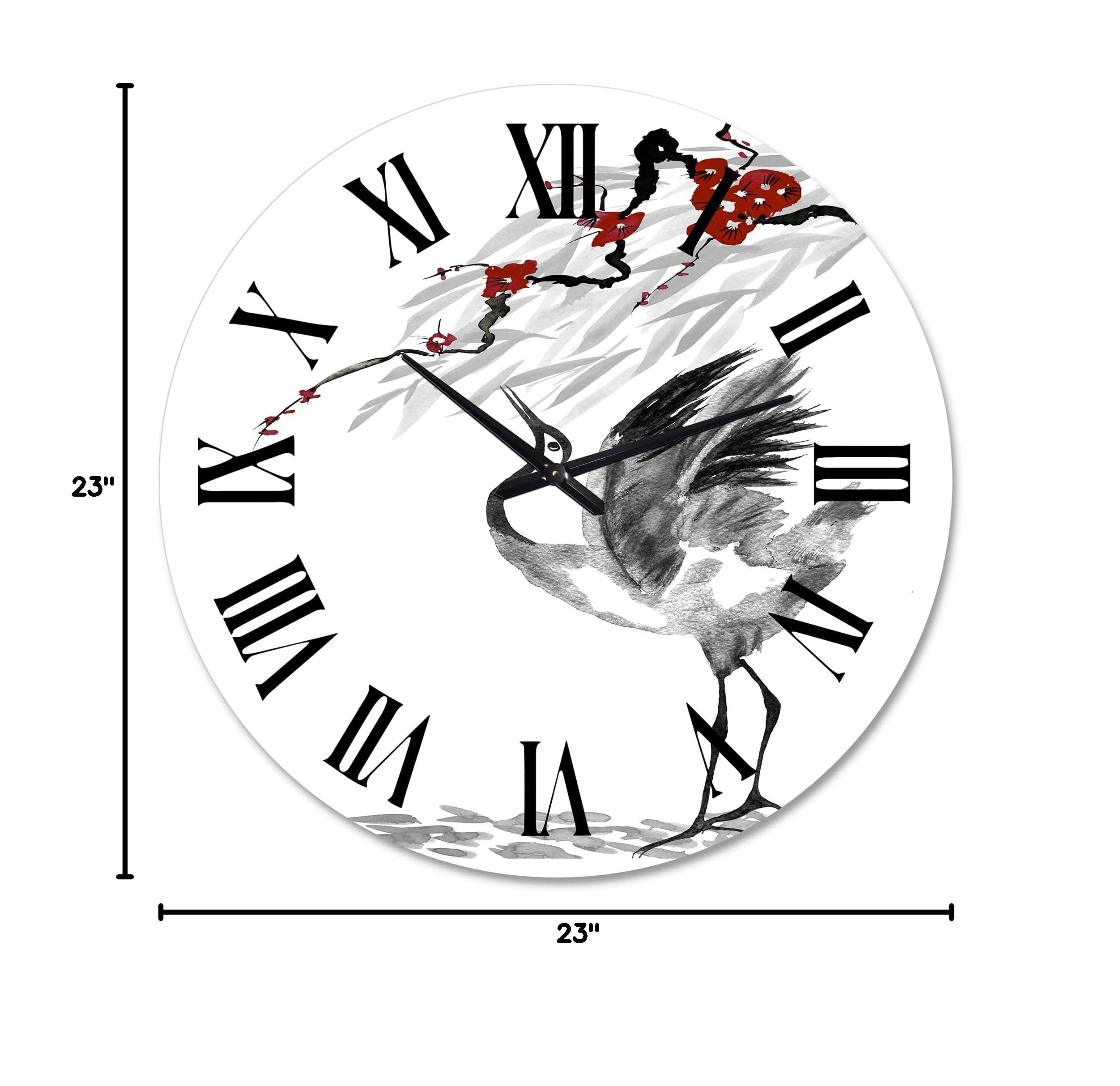 DesignQ Traditional Japanese Cranes & Red Flowers Wall Clock - Large Nature-Inspired Office Decor for Home & Workplace | Perfect for Living Room, Bedroom & Office Spaces