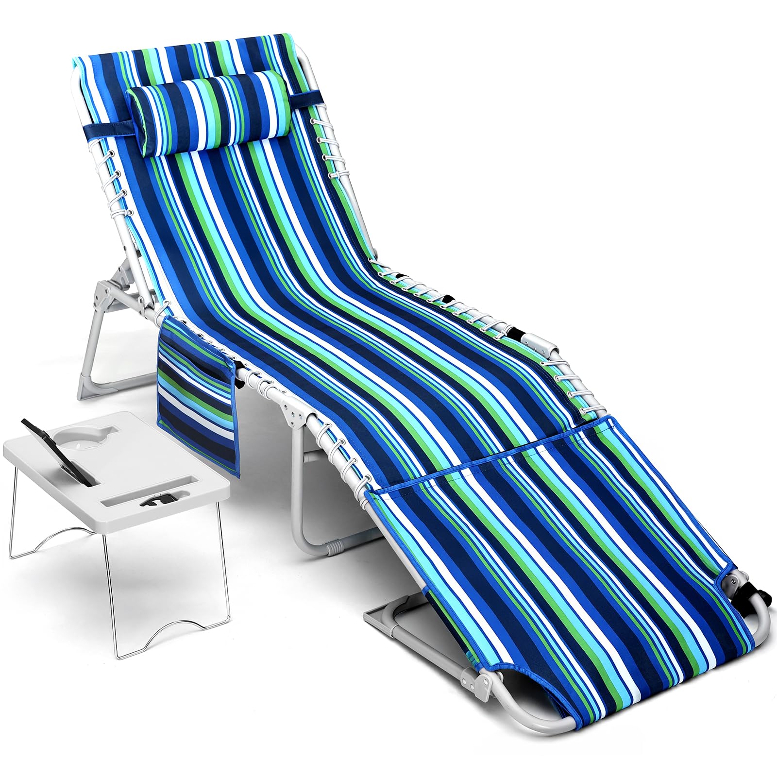 3-in-1 Portable Beach Chair with Face Holes & Folding Side Table - 5-Position Recliner, Lay Flat Design, Removable Pillow - Heavy Duty 330lbs Capacity - Perfect for Poolside Lounging, Patio Relaxation, Camping & Backyard Use - Striped Blue Outdoor Lounge Chair
