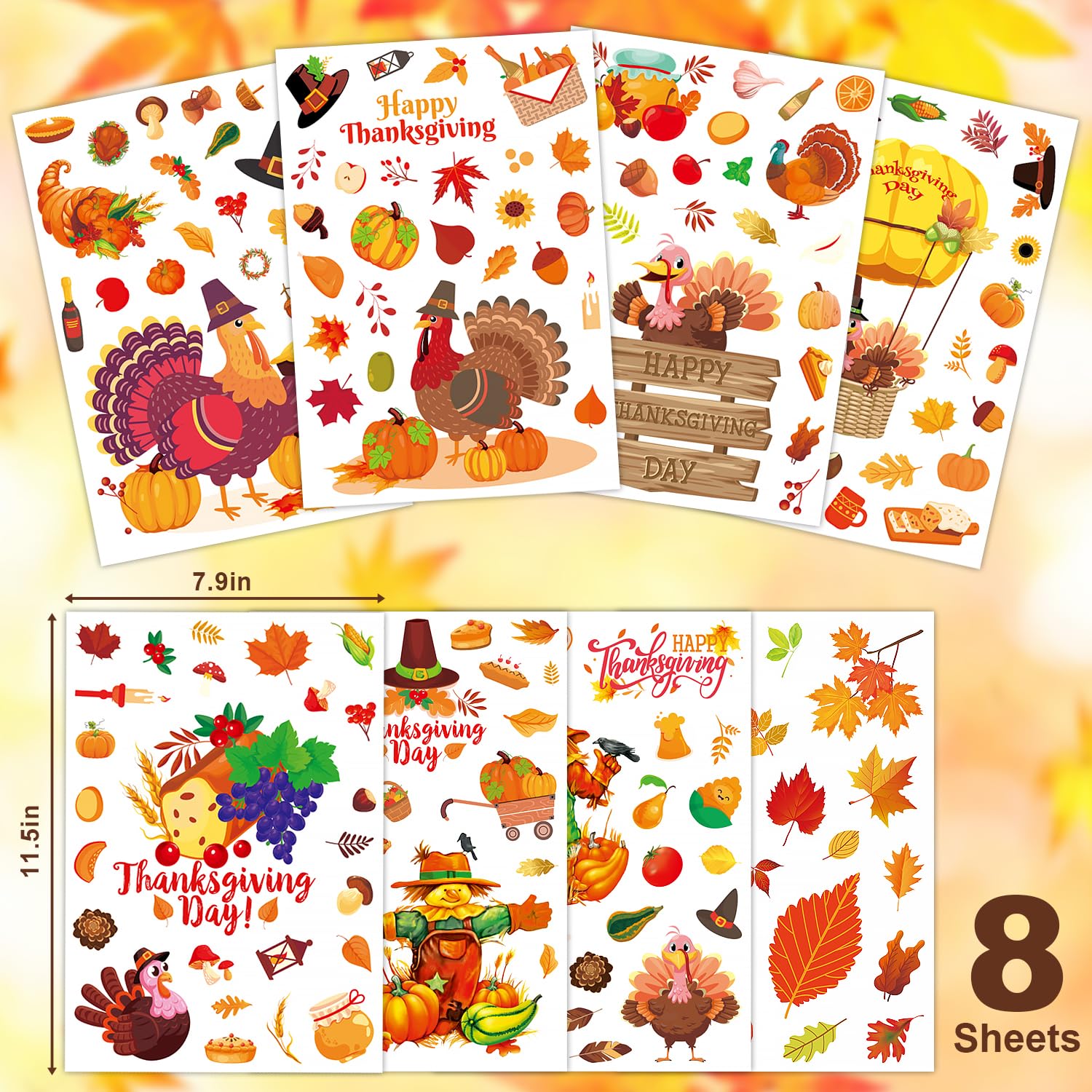Thanksgiving Window Clings - 8 Sheets Autumn Window Stickers for Glass, Turkey Fall Decorations - Perfect for Home, Office, Classroom & Thanksgiving Party Decor