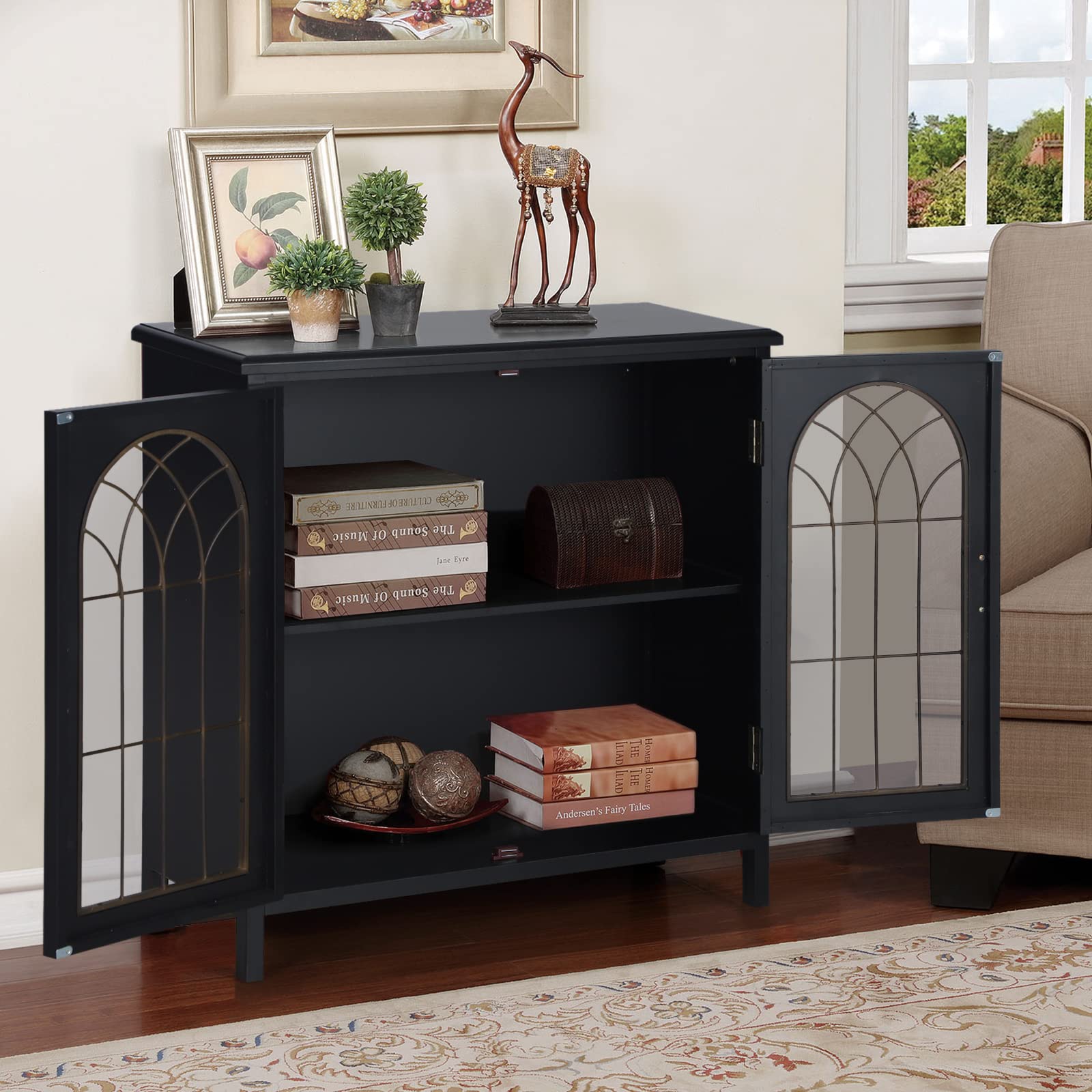 Sophia & William Distressed 2-Door Accent Cabinet with Metal Church Window Design - Entryway Storage Cabinet, Living Room Display Cabinet for Home Decor & Organization